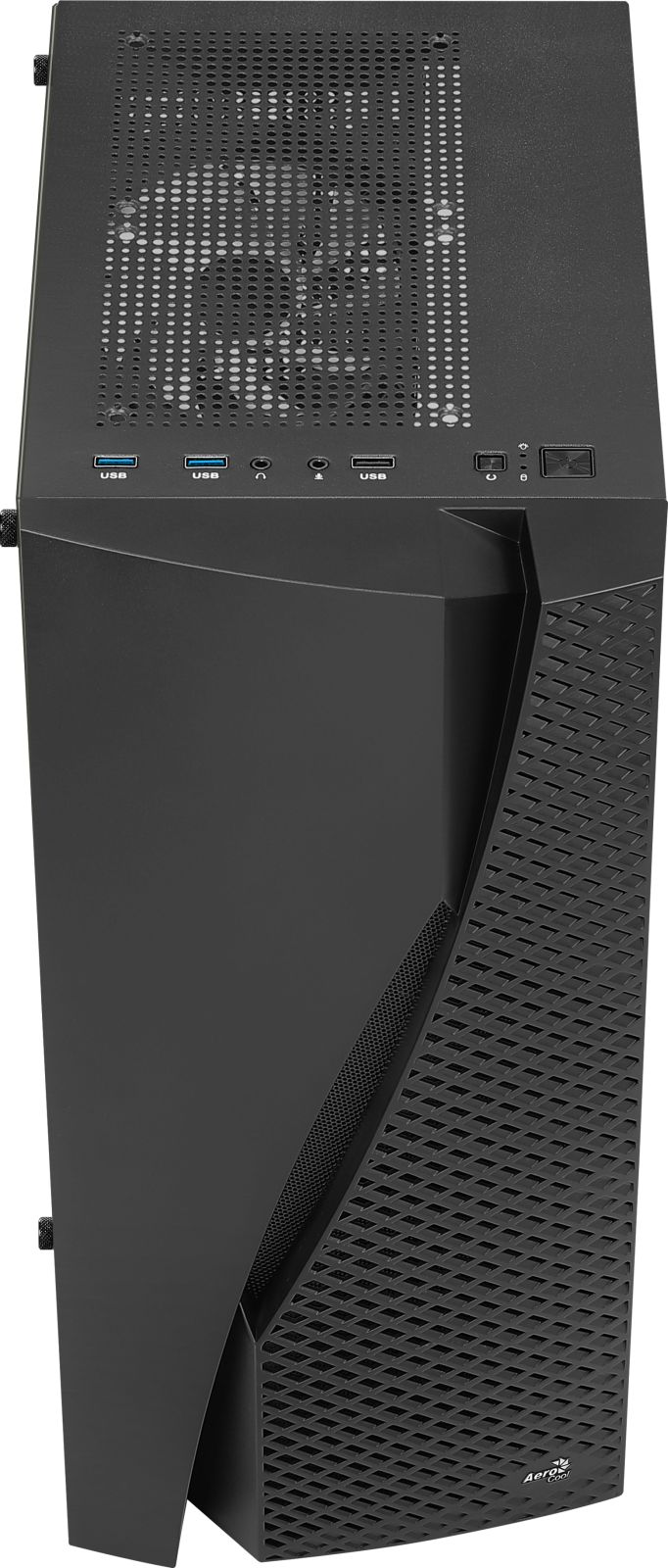 Case del computer nero con porte USB e pannello frontale traforato.