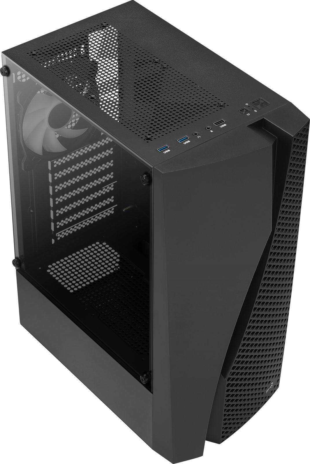 Case del computer nero con pannello laterale in vetro e ventole.