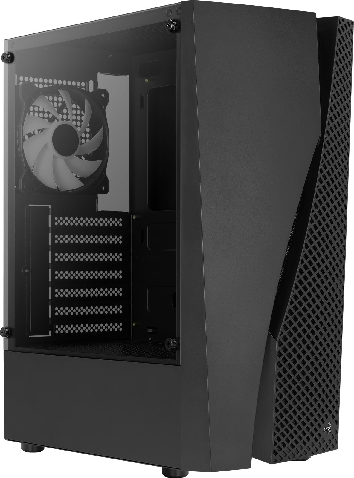 Case per computer nero con frontale in vetro e ventola interna.