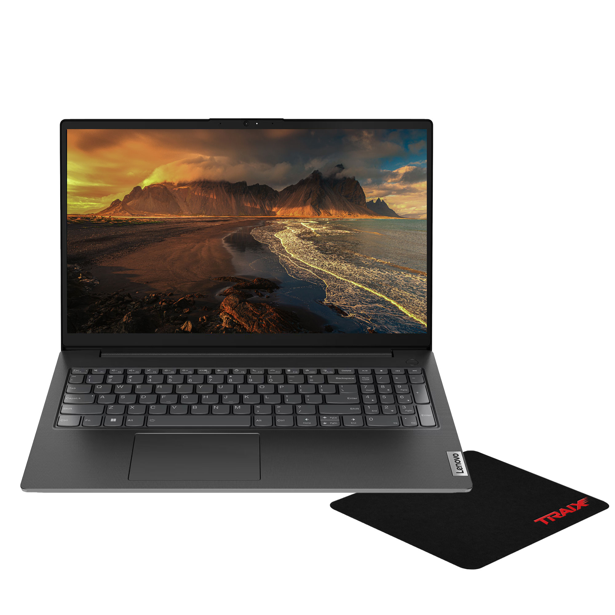 Dağ ve okyanus duvar kağıtlı gri Lenovo dizüstü bilgisayar, siyah fare altlığı yanında.
