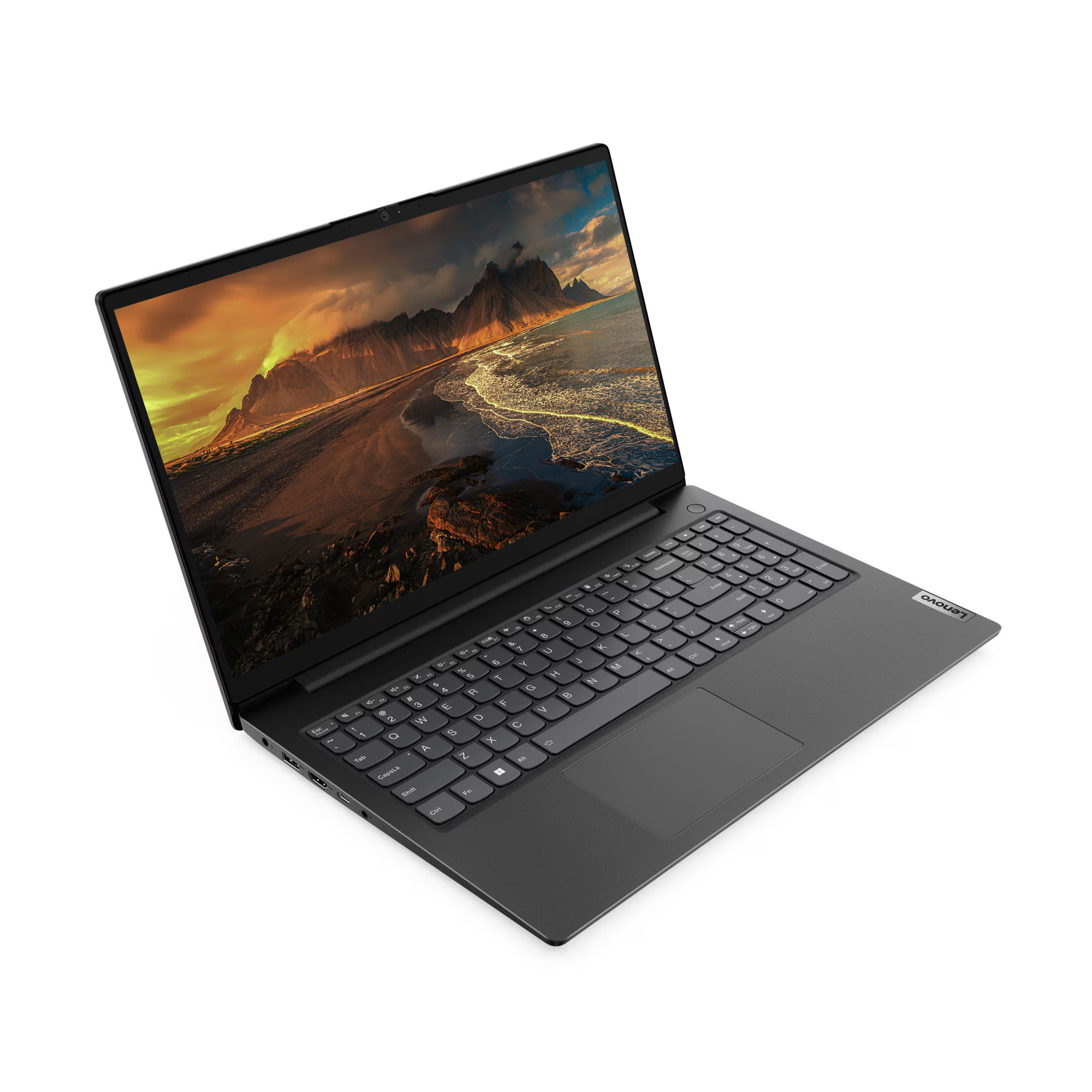 Ekranında dağ ve deniz manzarası gösteren siyah bir Lenovo dizüstü bilgisayar.