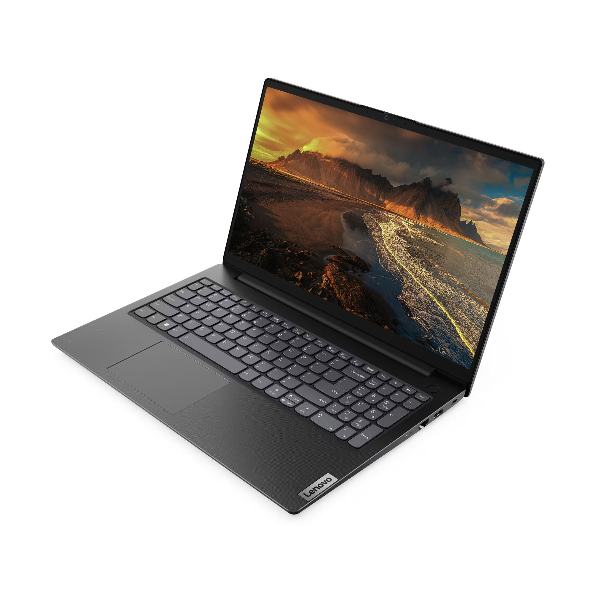 Gri Lenovo dizüstü bilgisayar, dağ gölü manzarası gösteriyor.