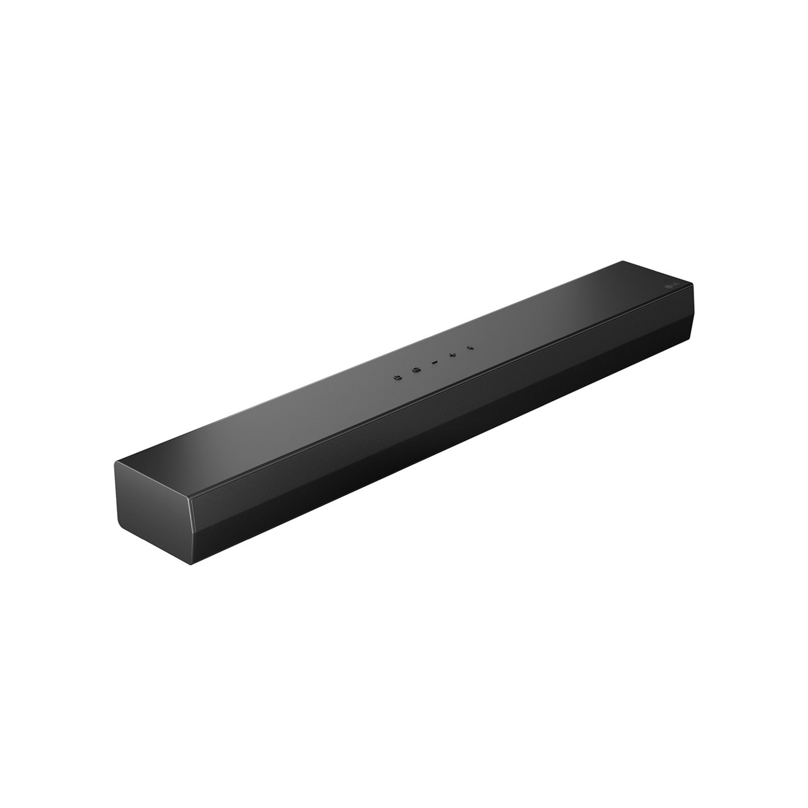 Schwarzer Soundbar mit Tasten auf der Oberseite und Lautsprechermuster an der Seite.