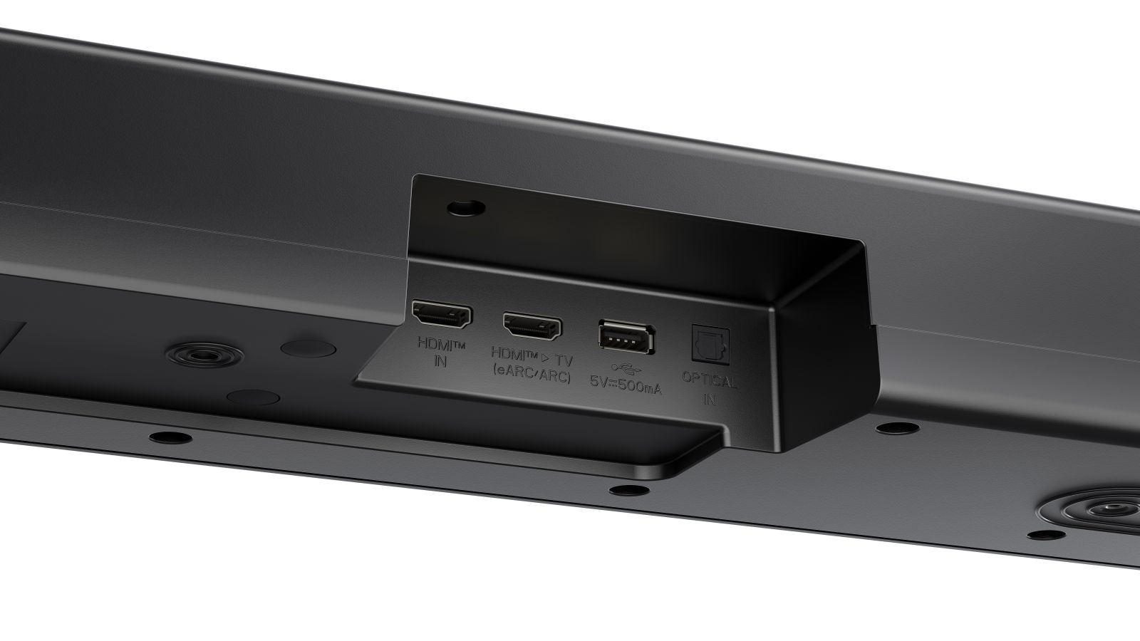 Rückseite eines schwarzen Soundbars mit Anschlüssen: HDMI IN, HDMI TV, USB und OPTICAL IN.