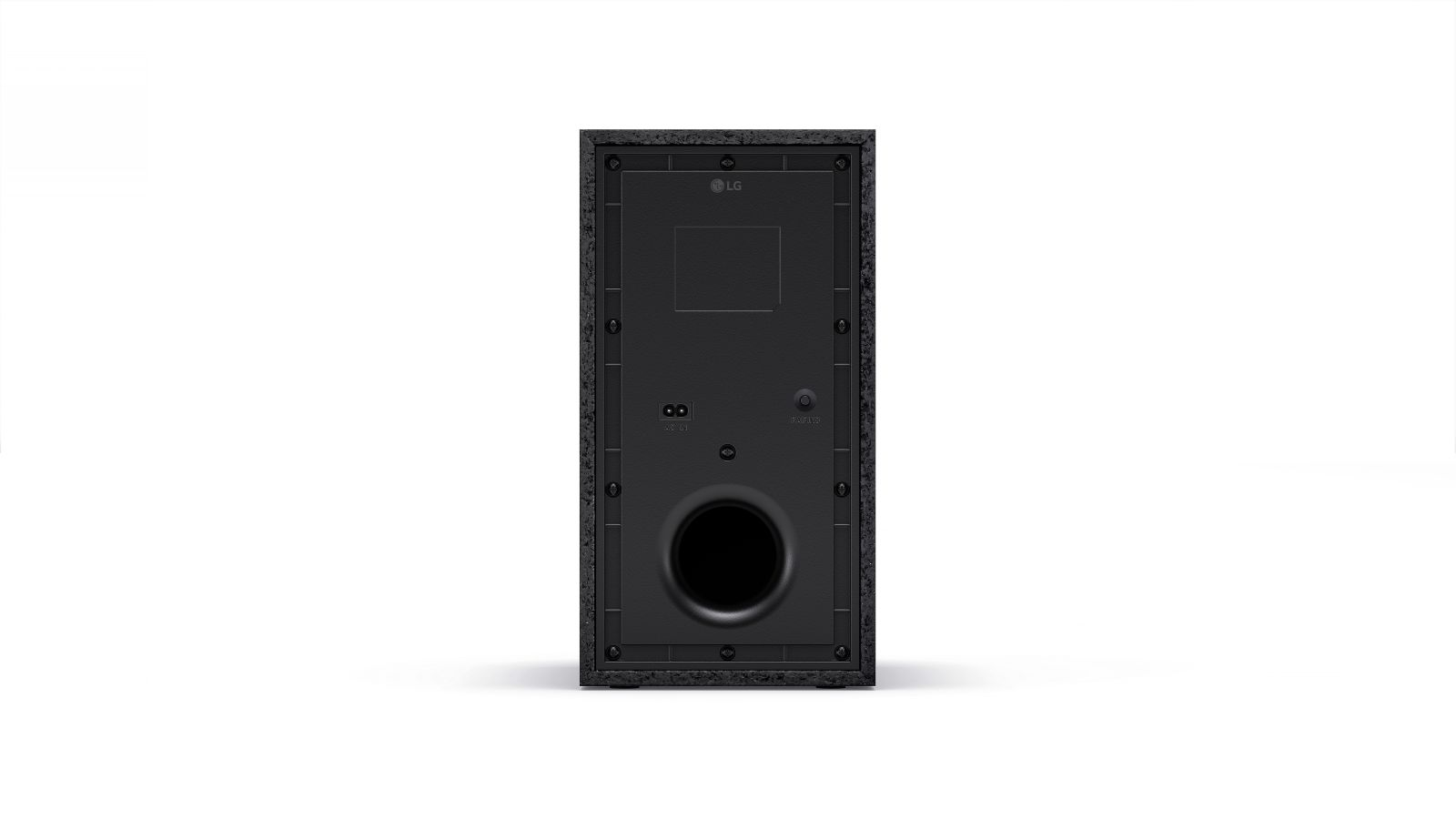 Rückseite eines schwarzen LG Subwoofers mit Anschlüssen und Bassreflexöffnung.