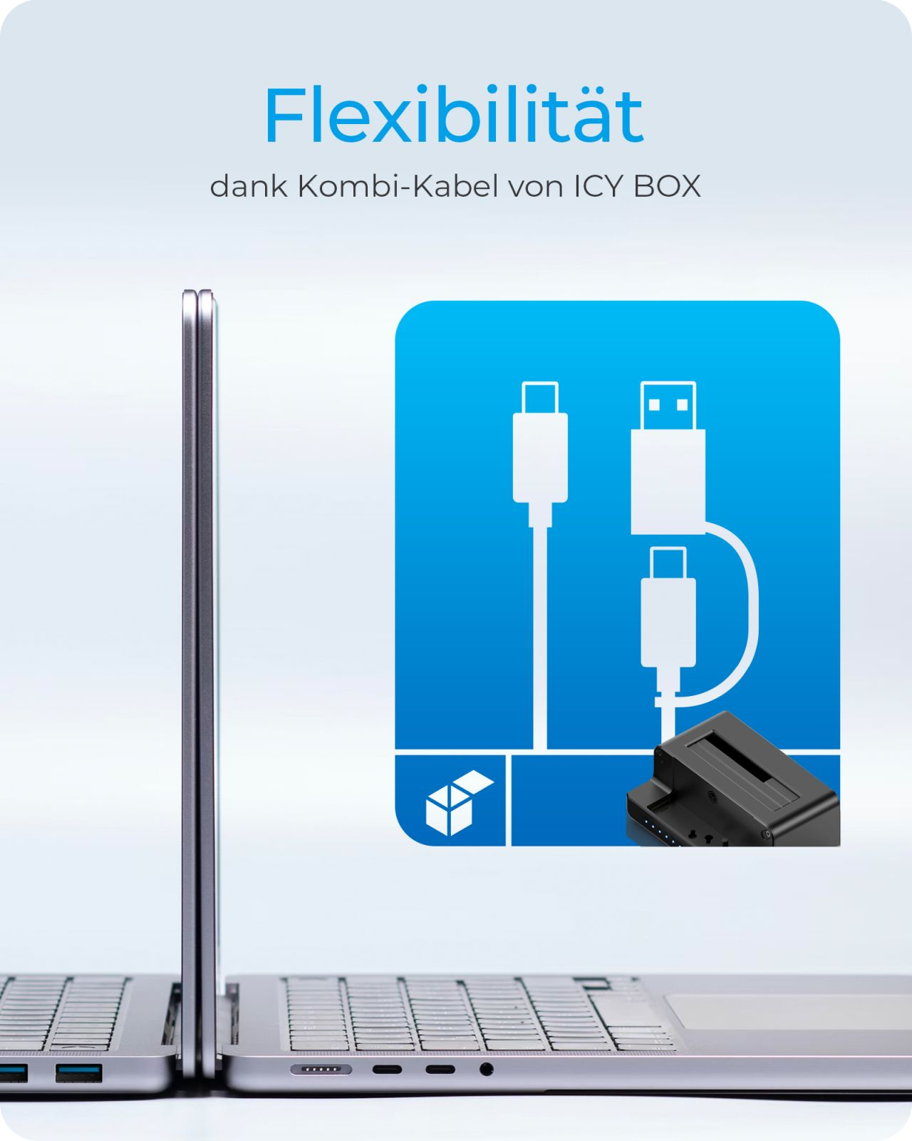 Laptops mit ICY BOX Kombi-Kabel und einem Docking-Anschluss.