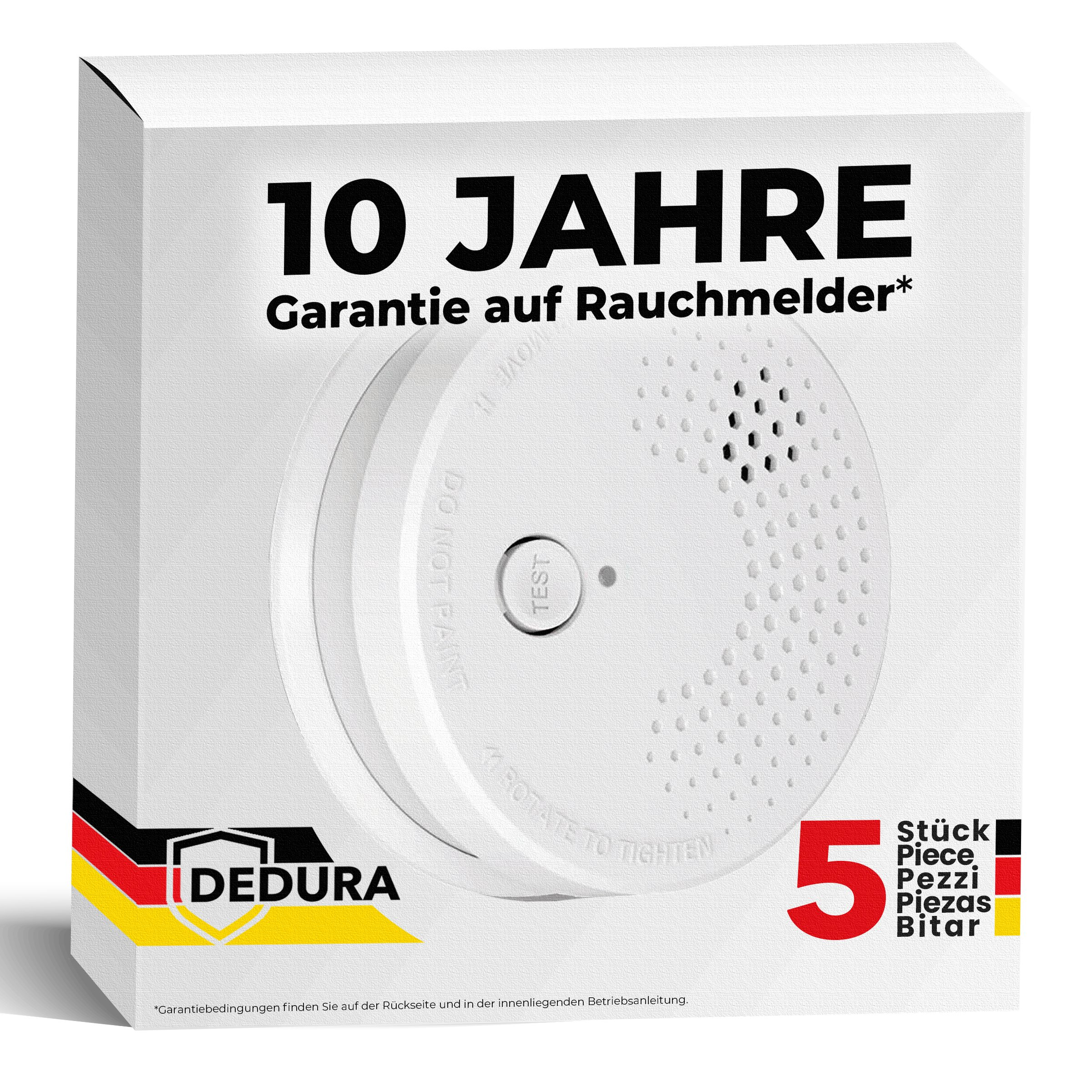 Verpackung mit Rauchmelder, Garantiehinweis und Markenzeichen.