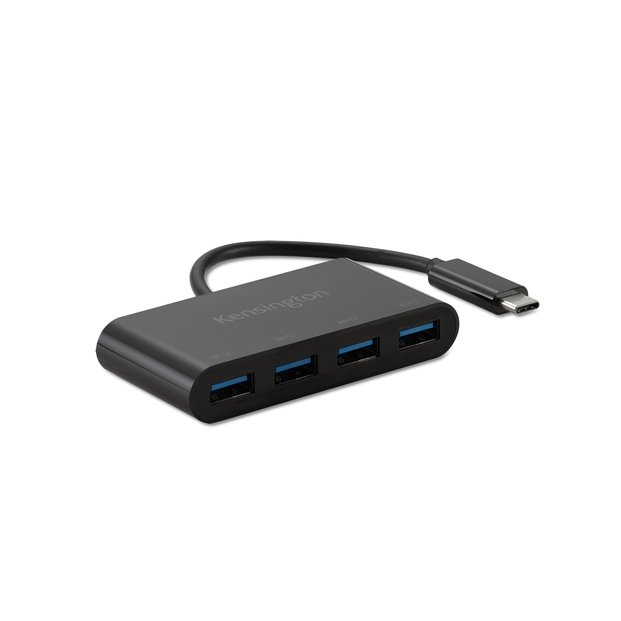 Schwarzer USB-C-Hub mit vier USB-A-Anschlüssen und Kensington-Logo.