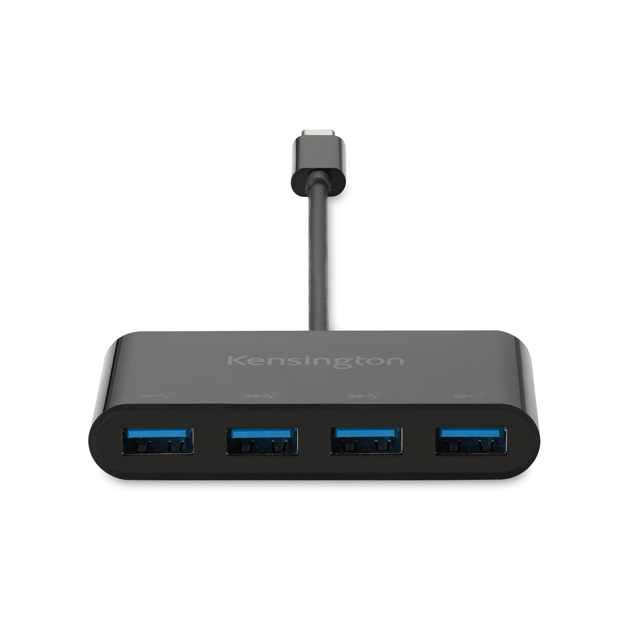 Schwarzer Kensington USB-C Hub mit vier blauen USB 3.0 Anschlüssen und Kabel.