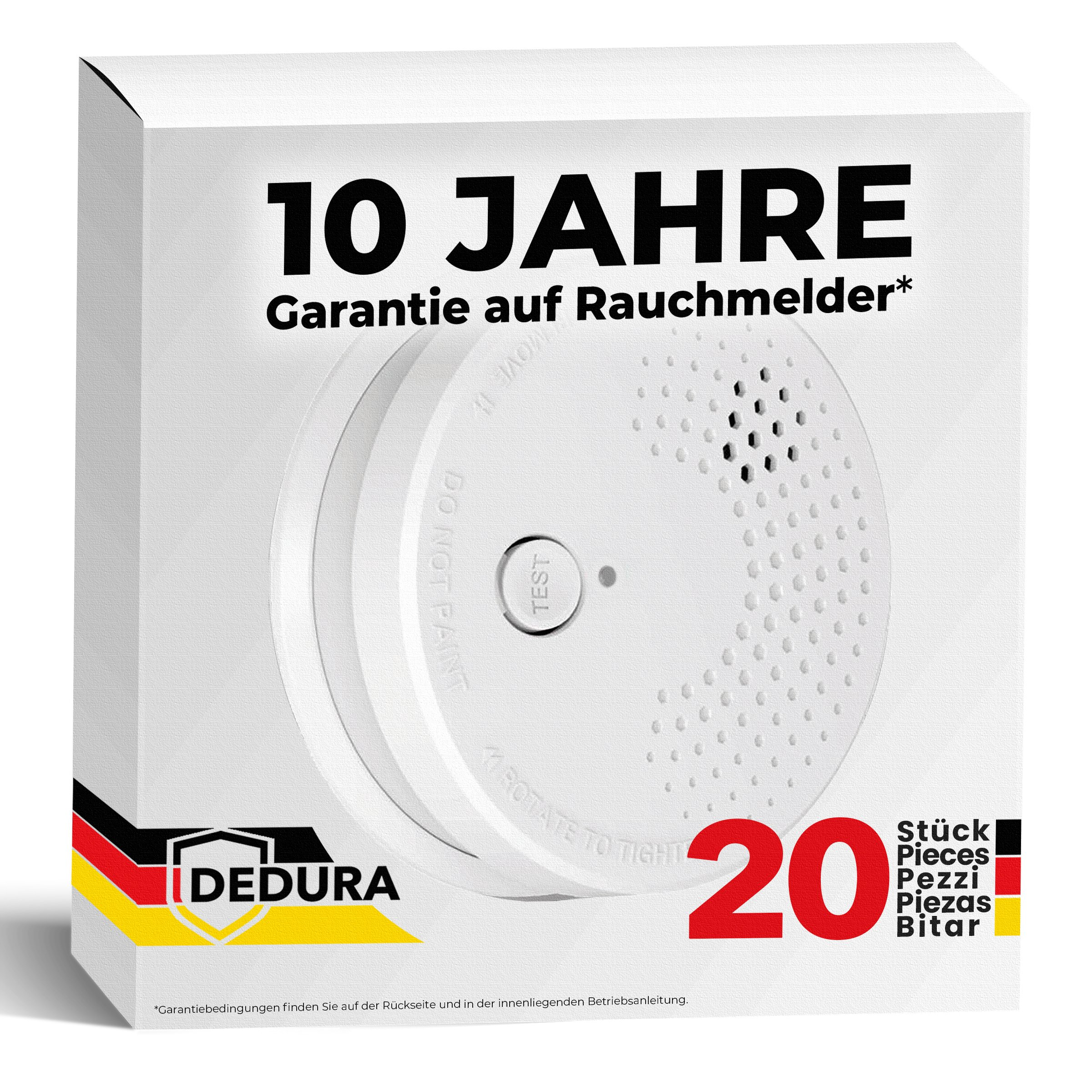Weiße Rauchmelder-Verpackung mit 10 Jahren Garantie. Enthält 20 Stück.
