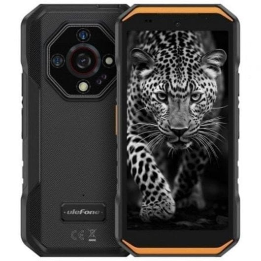 Wytrzymały smartfon z obrazem lamparta na ekranie i aparatami z tyłu.