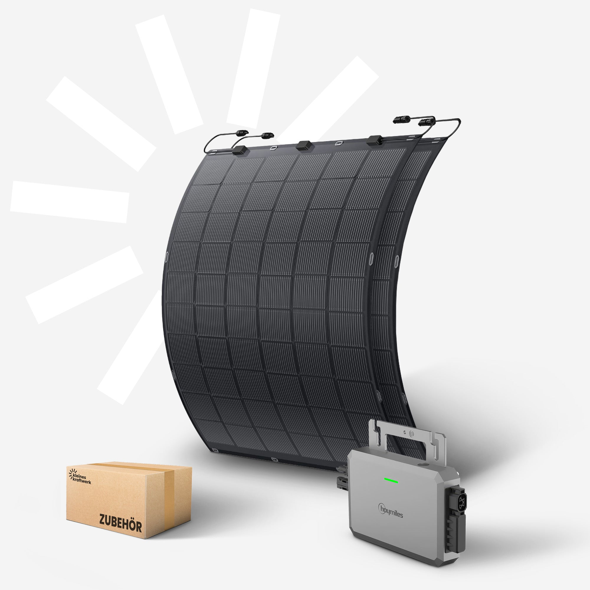 Ein großes, dunkles, gebogenes Solarpanel, eine graue Powerstation und ein Karton mit der Aufschrift ZUBEHÖR.