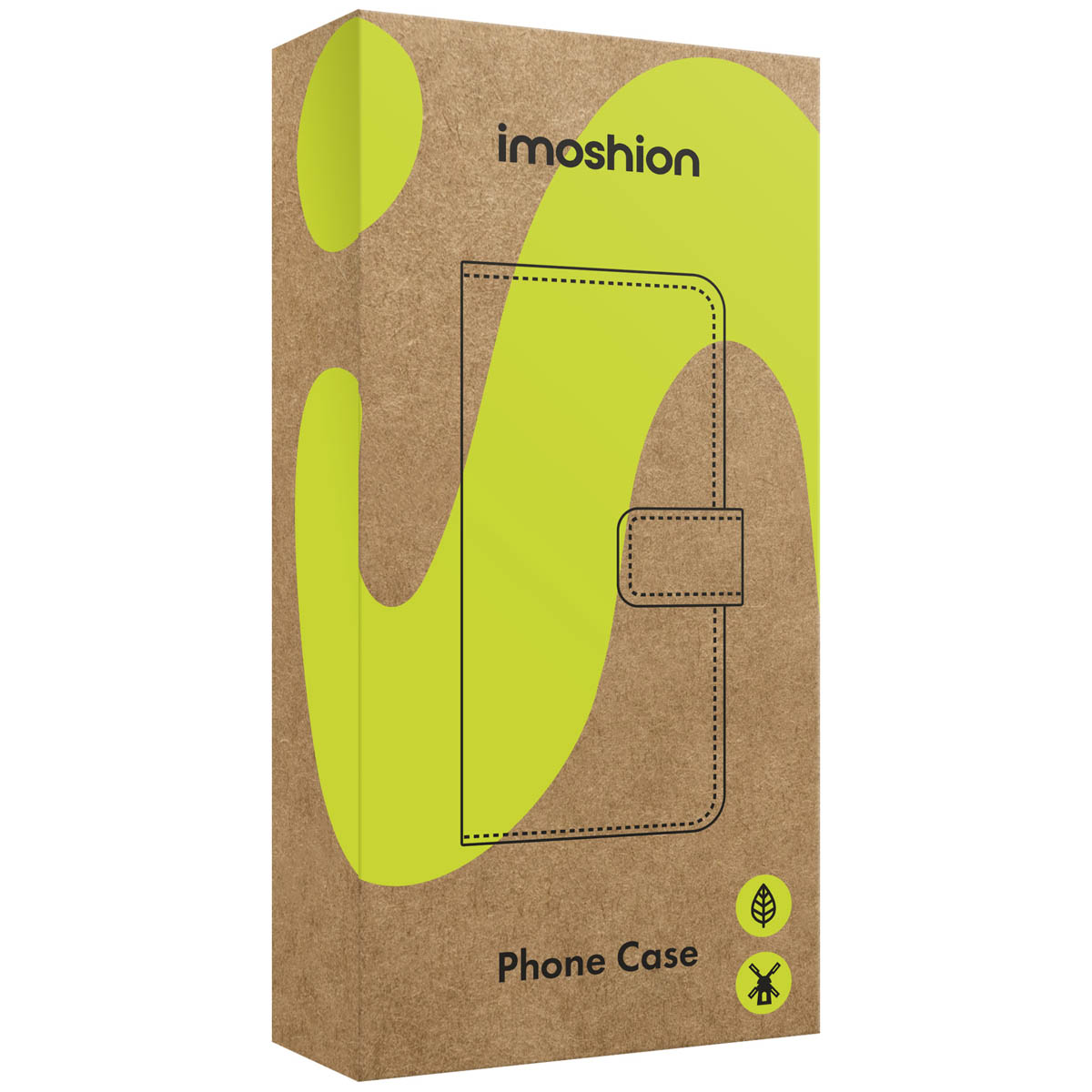 Bruine doos met groene designelementen en tekst: Imoshion Phone Case.