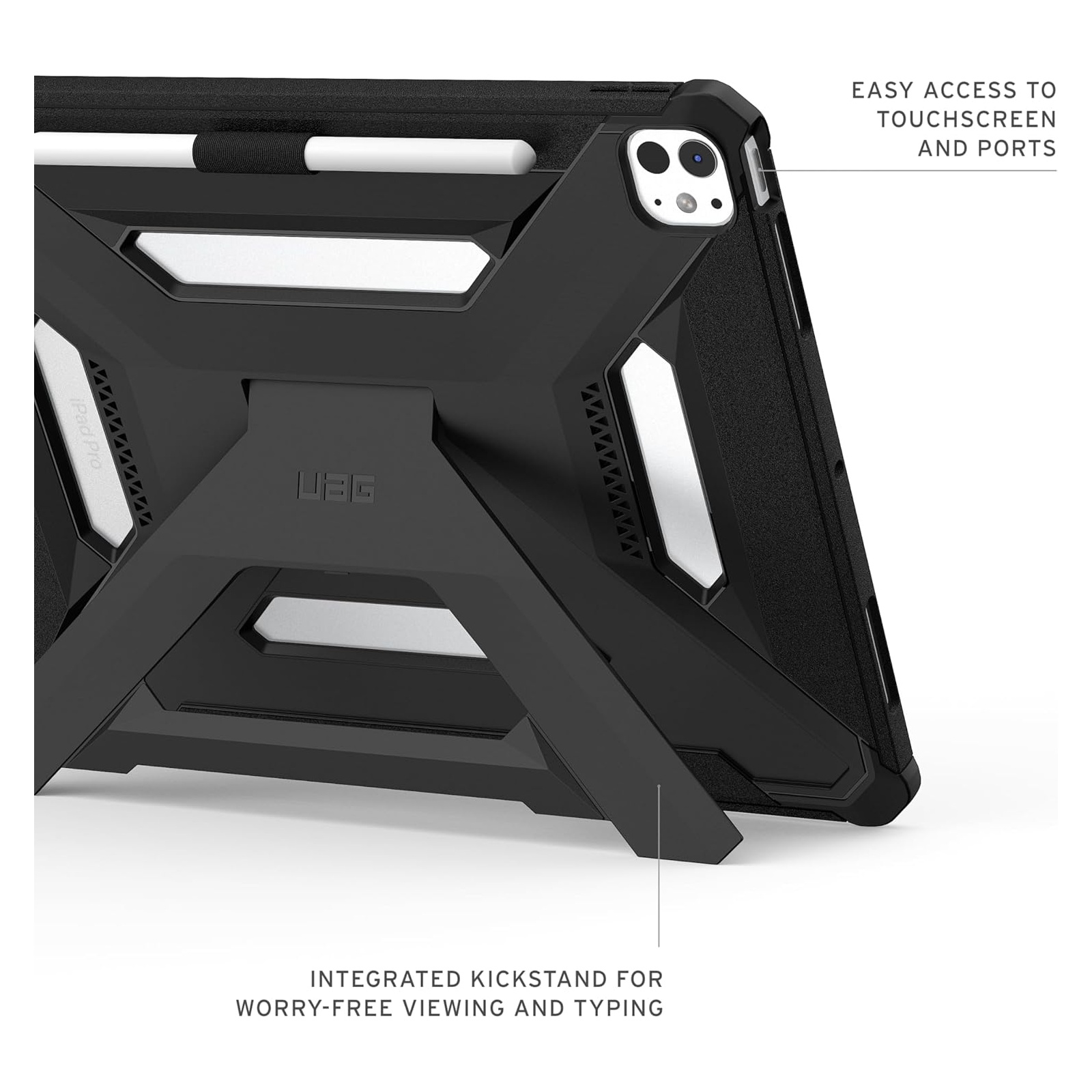 Czarne etui na tablet z wbudowaną podstawką i uchwytem na rysik.