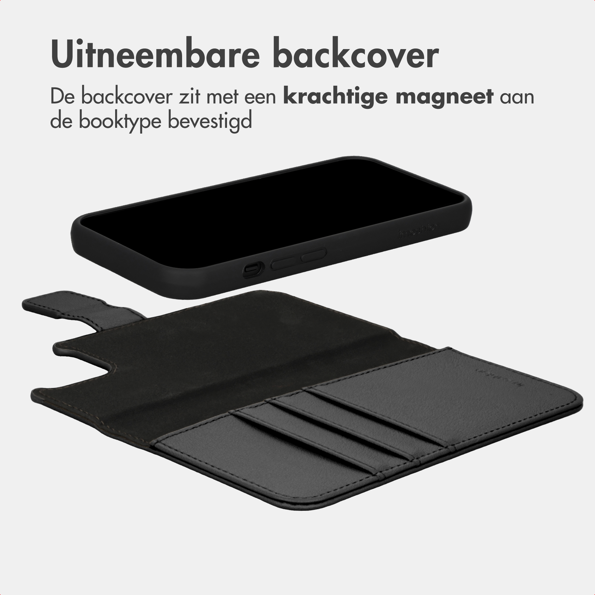 Black smartphone with detachable cover and card slots.