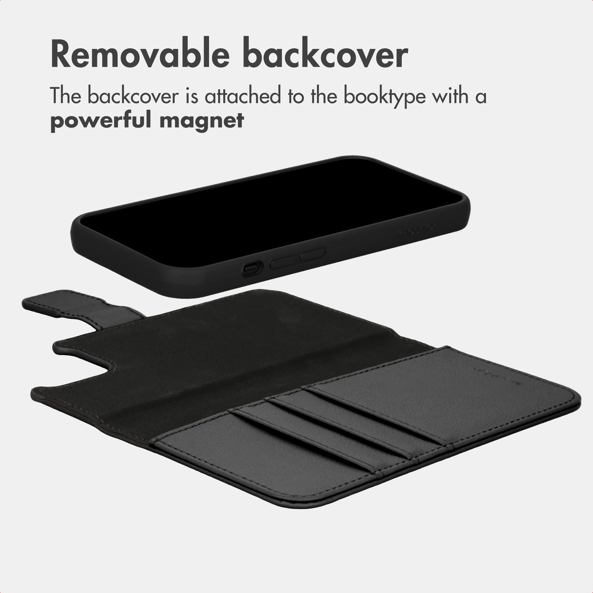 Black phone case detaching from book folio with card slots.