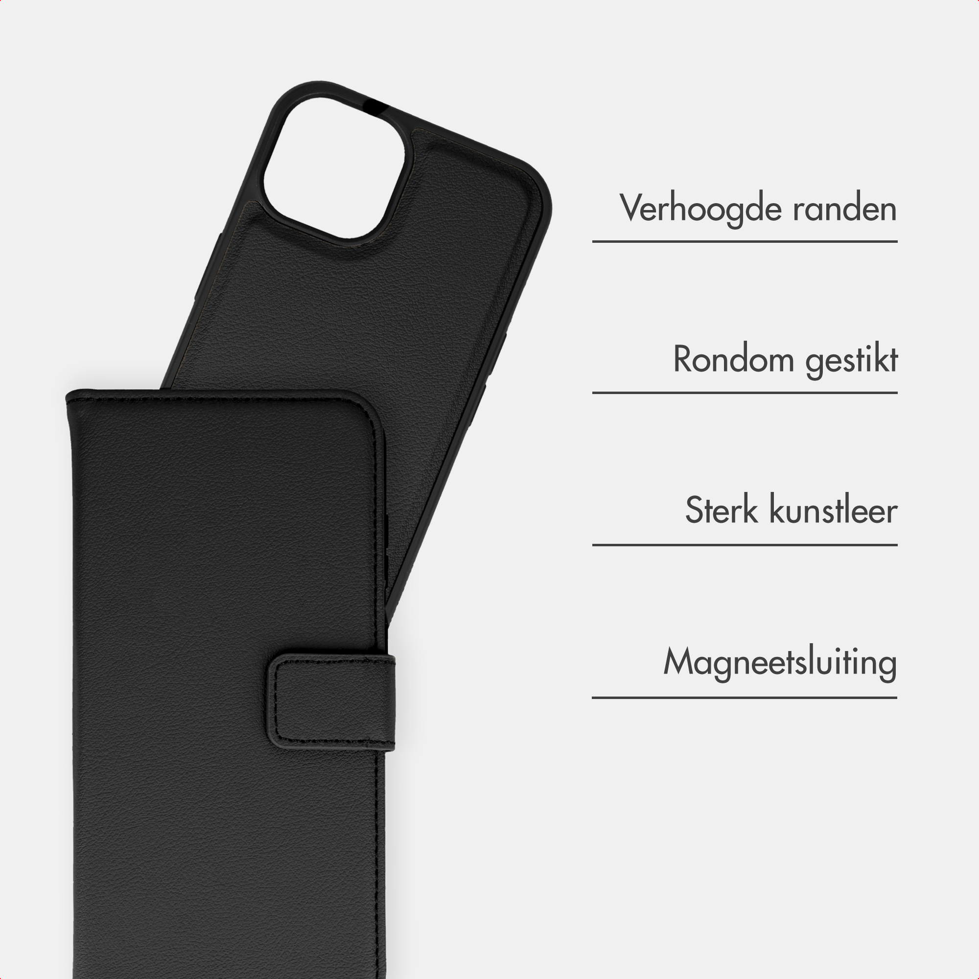 Black faux leather phone case with raised edges and magnetic closure.