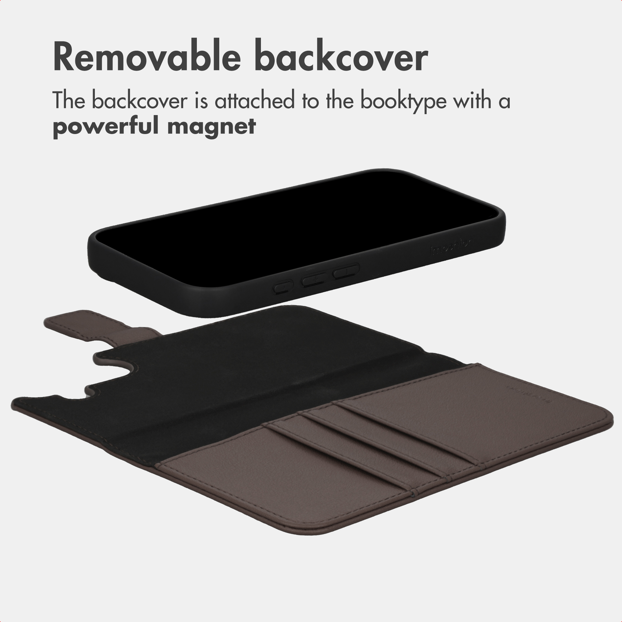 Ein schwarzes Handy mit abnehmbarer brauner Brieftasche.