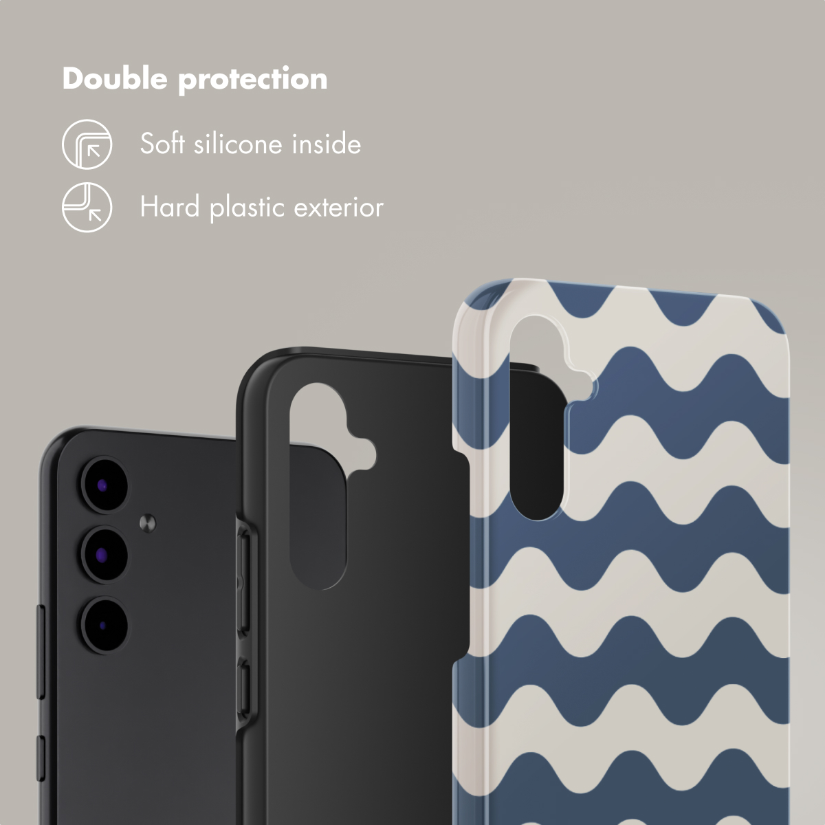 Custodia per telefono con motivo a onde blu e beige, più custodie nere.