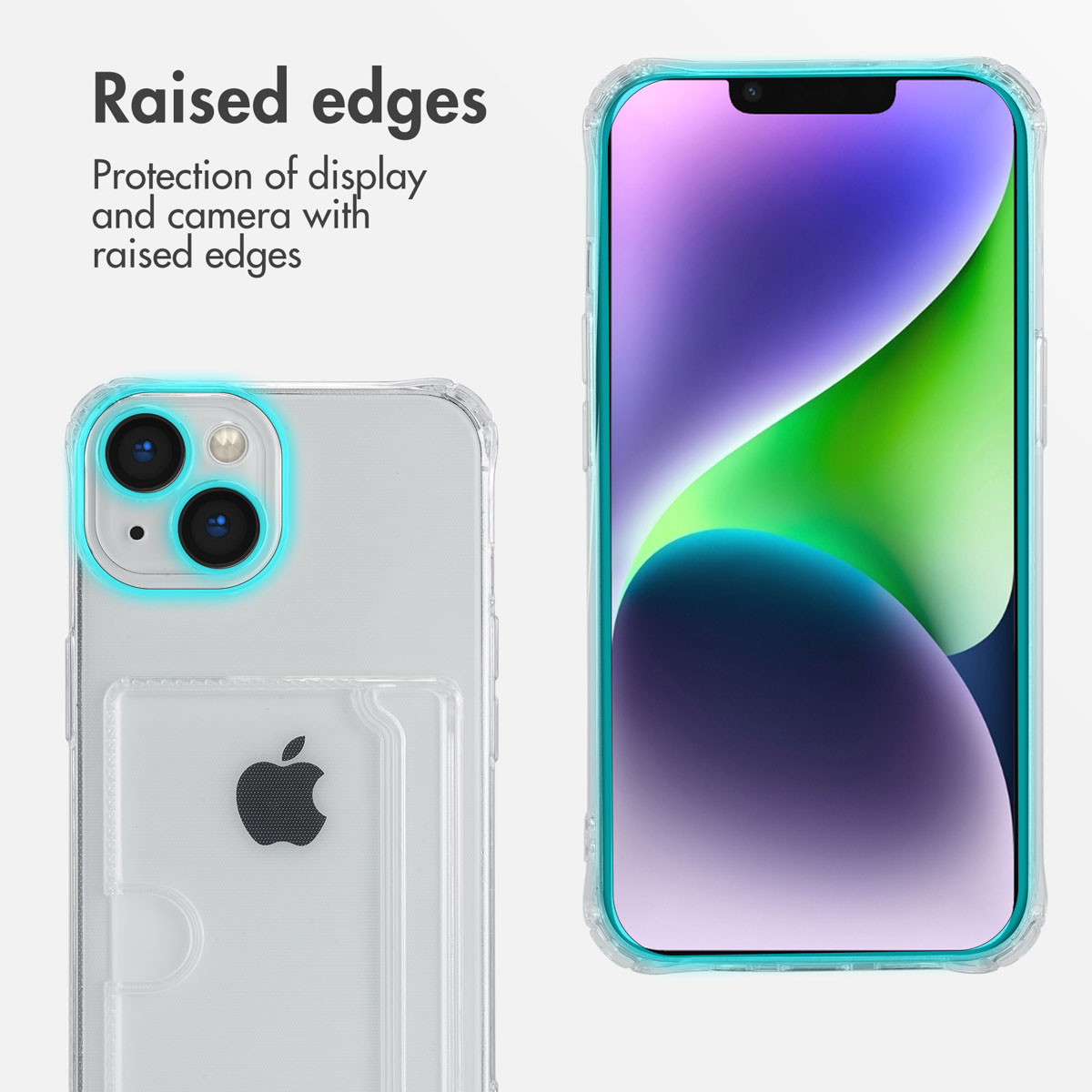 Una custodia trasparente con bordi blu protegge un iPhone.