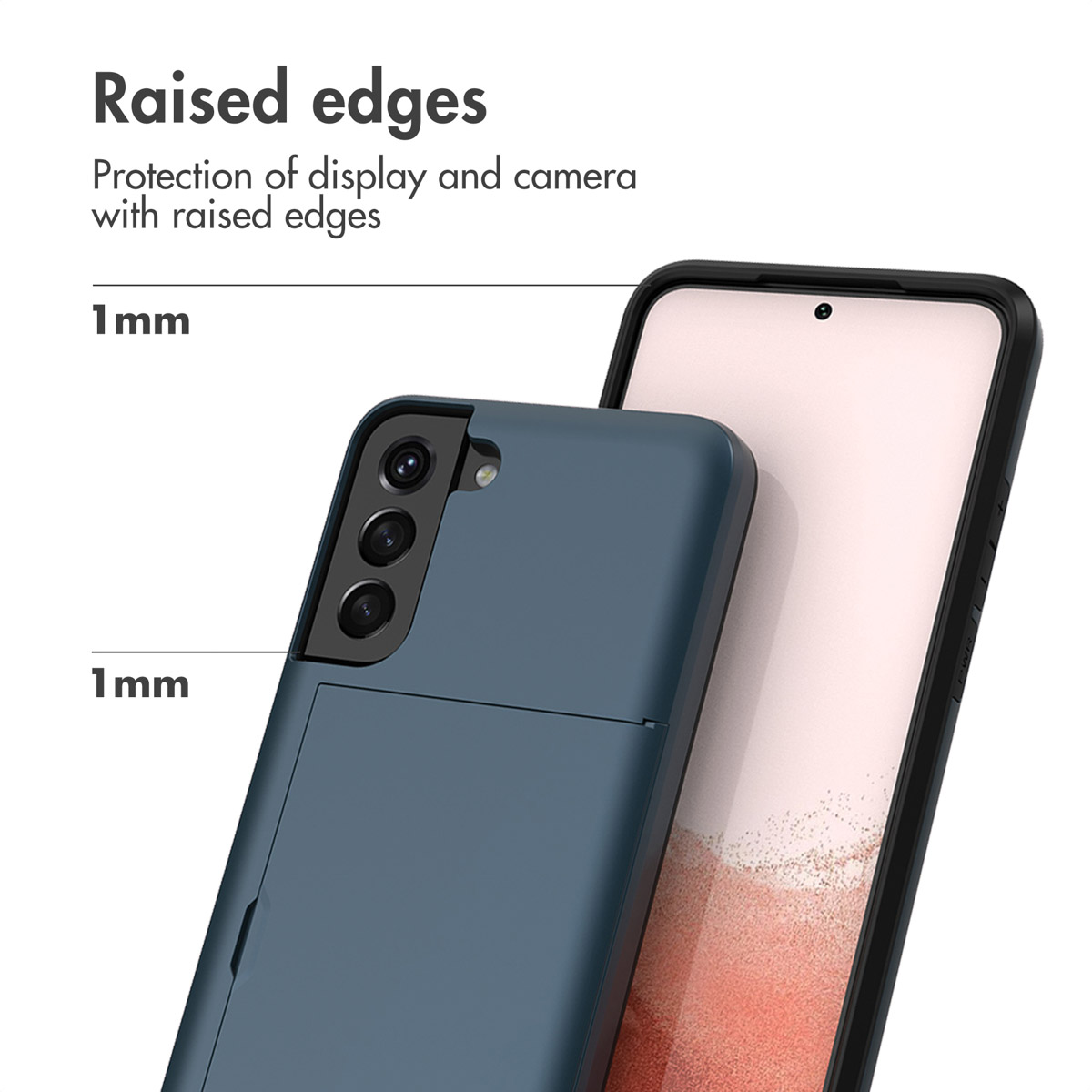 Blue phone case with 1mm raised edges protects camera and display.