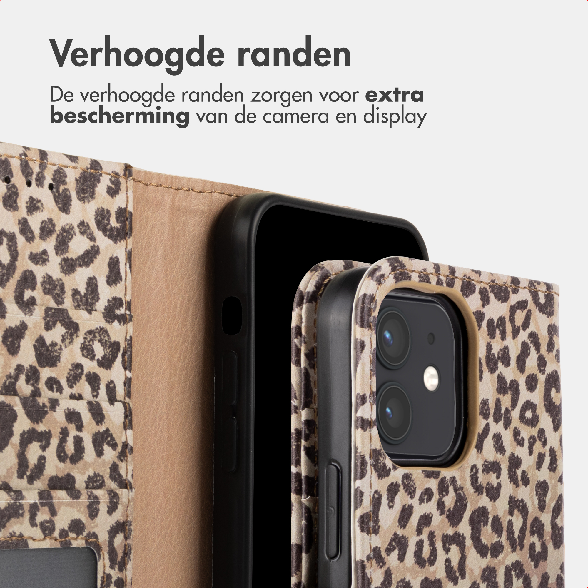 Custodia per telefono con stampa leopardata e bordi rialzati per protezione fotocamera e display.