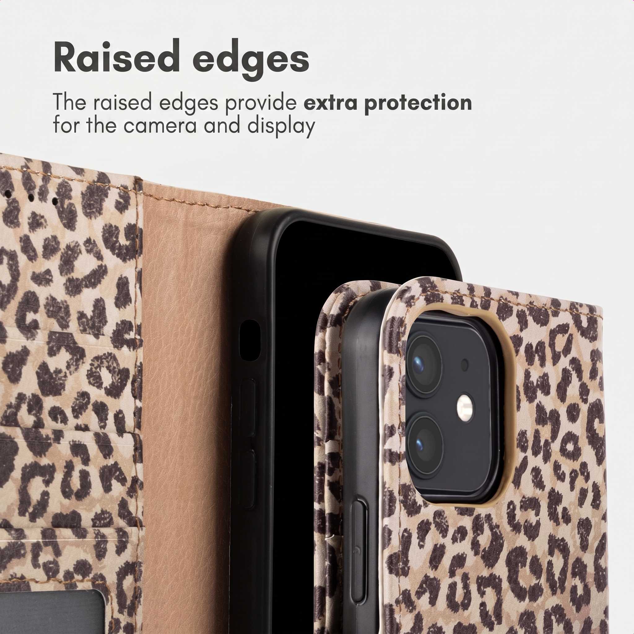 Custodia per telefono con stampa leopardata e bordi rialzati protegge fotocamera e display.