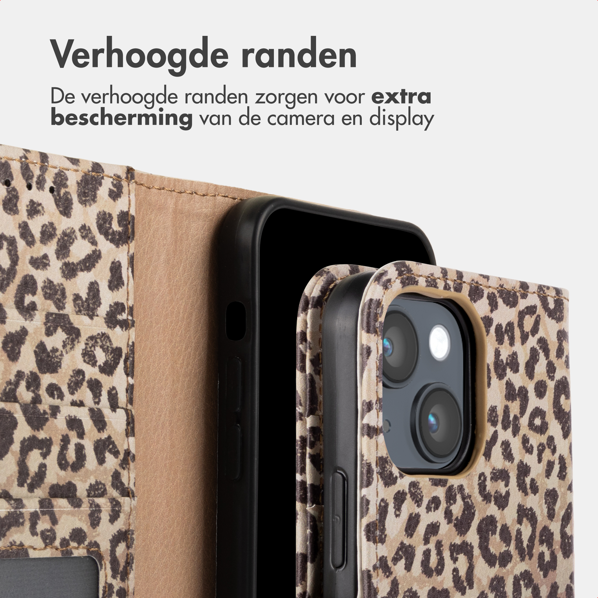 Custodia per telefono con stampa leopardata e bordi rialzati per protezione fotocamera/schermo.