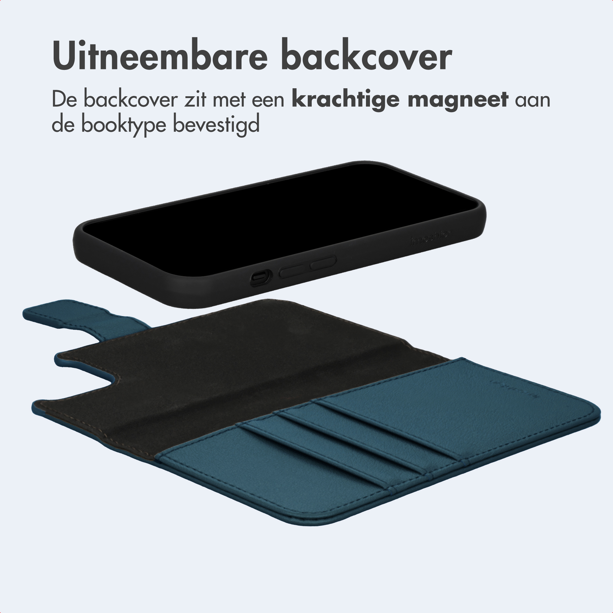 A black smartphone hovers above an open, blue phone case with card slots.