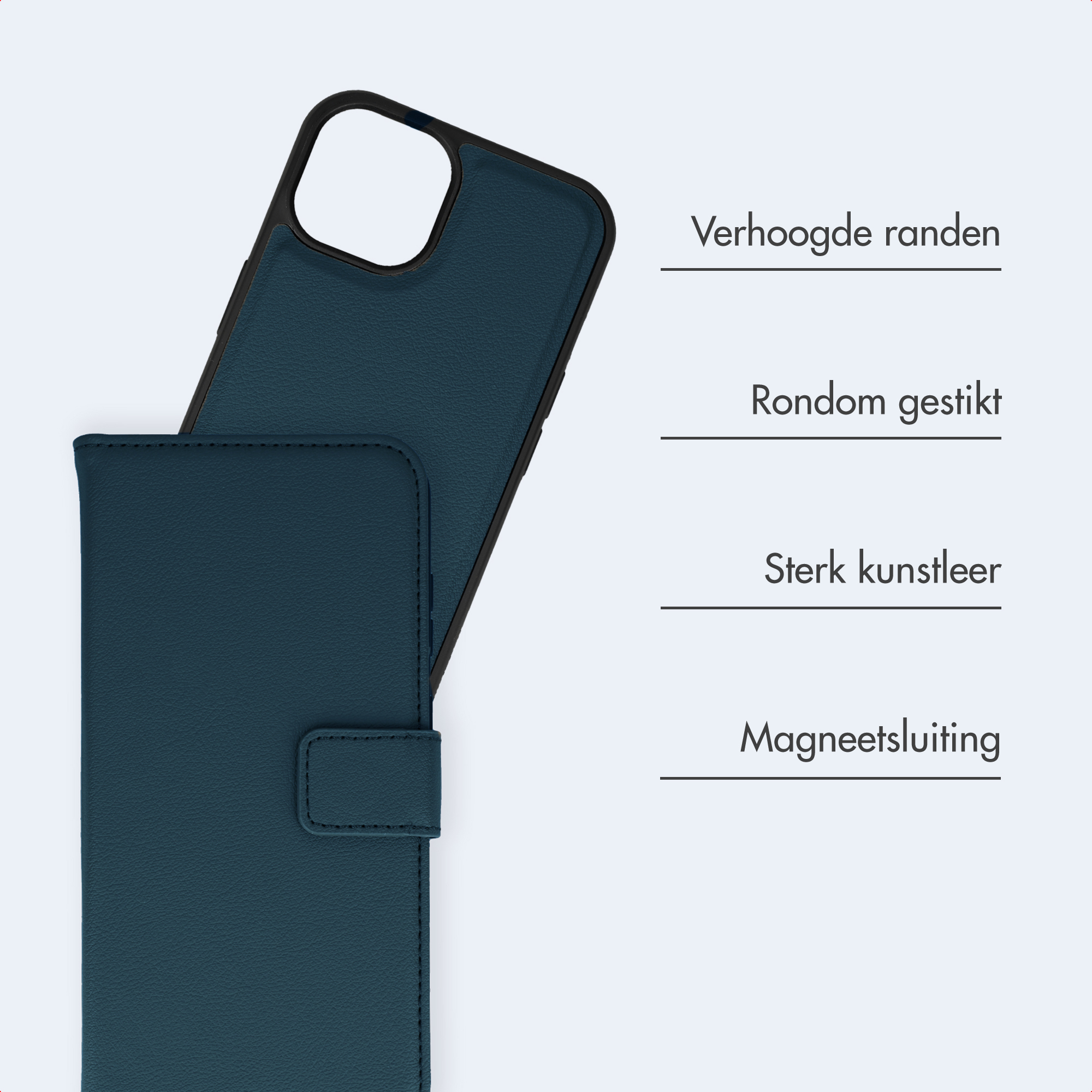 Dark blue phone case with raised edges and magnetic closure.