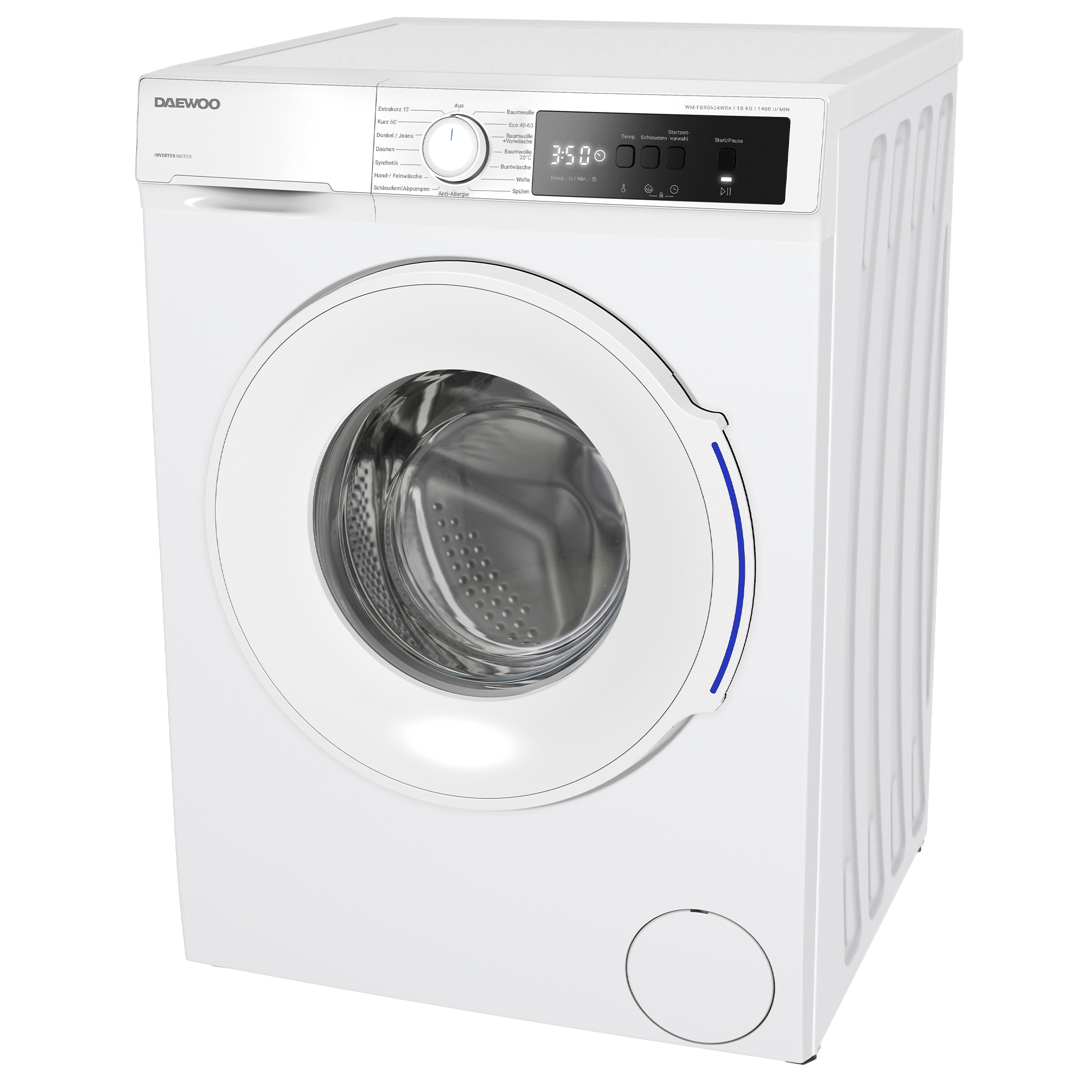 Eine weiße Daewoo Waschmaschine mit schwarzem Bedienfeld und silberner Trommel.