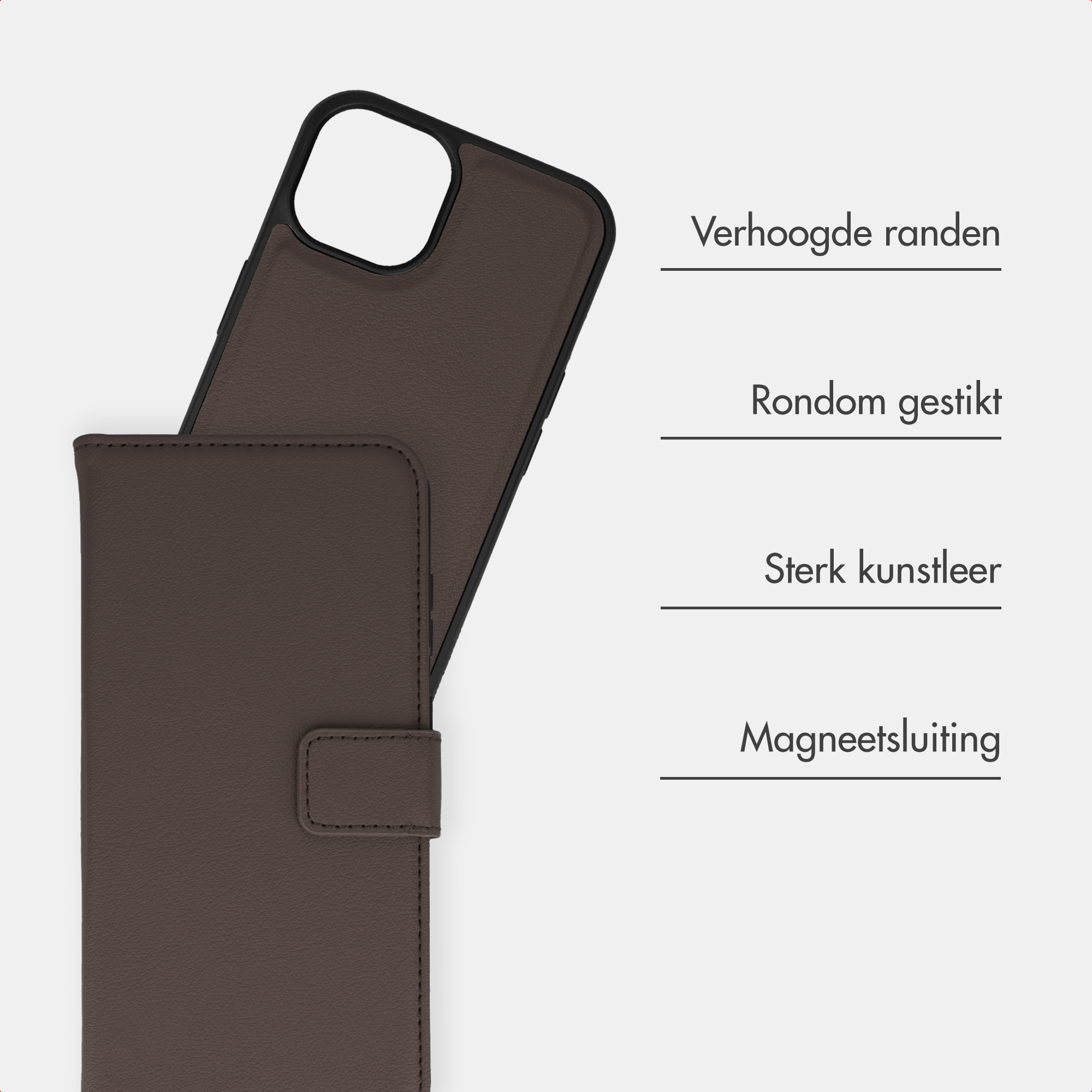 Brown phone case with raised edges and magnetic closure.