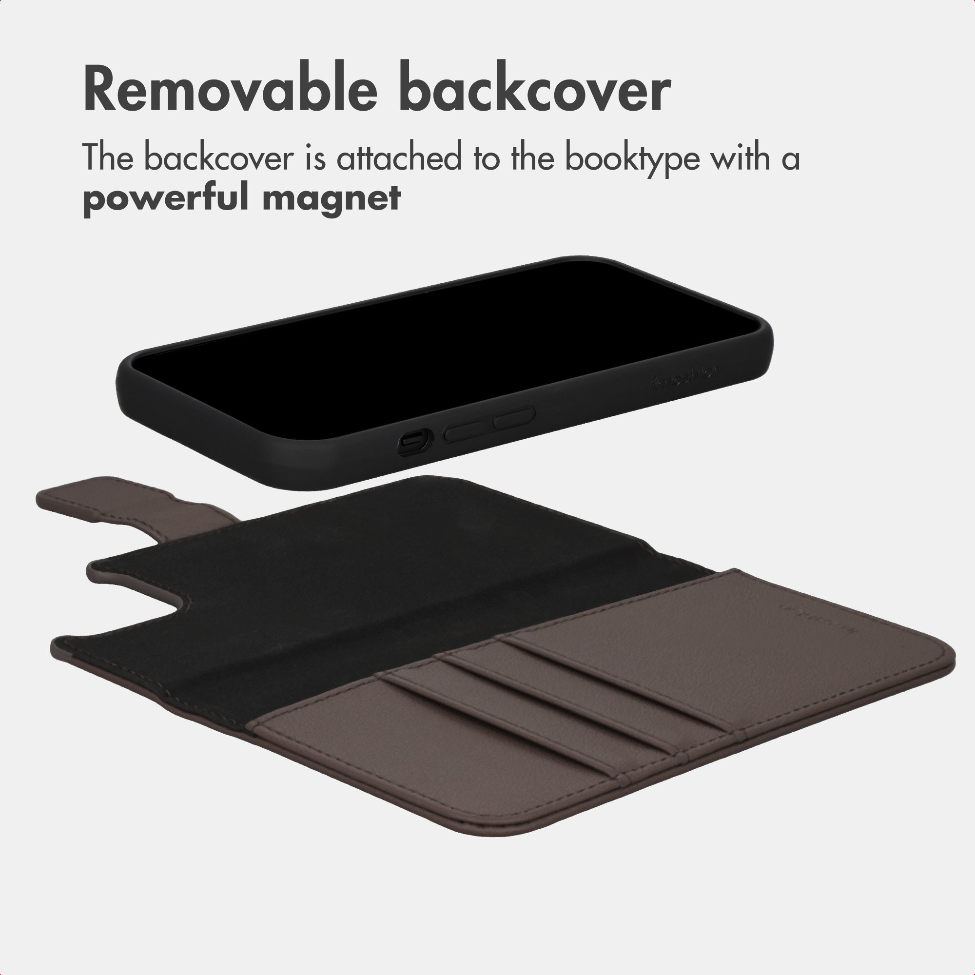 Detachable phone back cover with card slots, shown open.