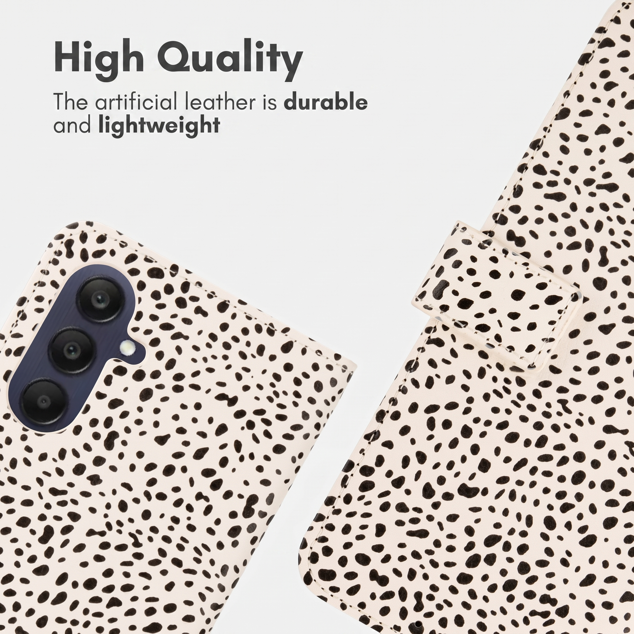 Una custodia per telefono con stampa dalmata e tre obiettivi della fotocamera posteriori.