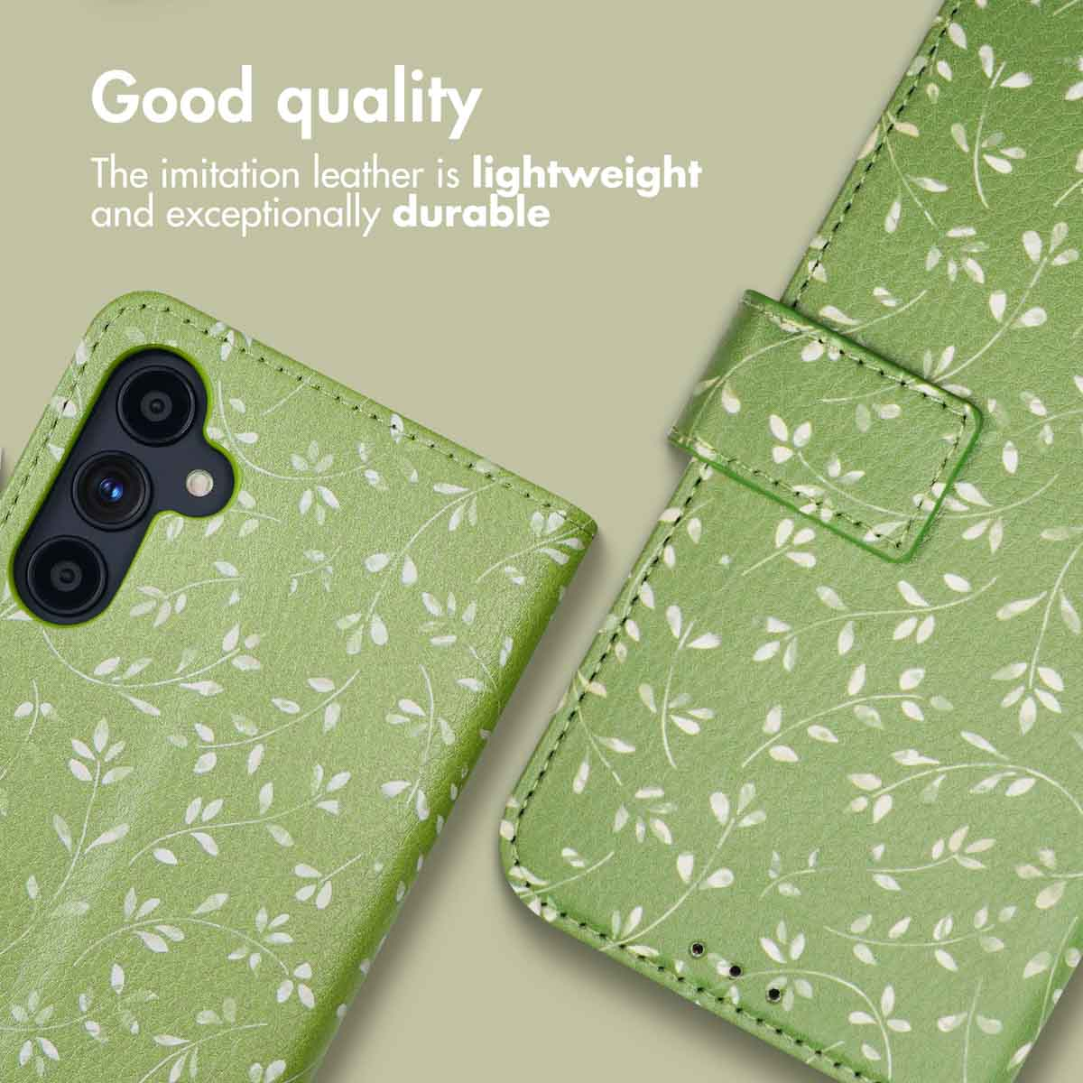 Custodia verde per telefono con motivo a foglie e foro fotocamera.