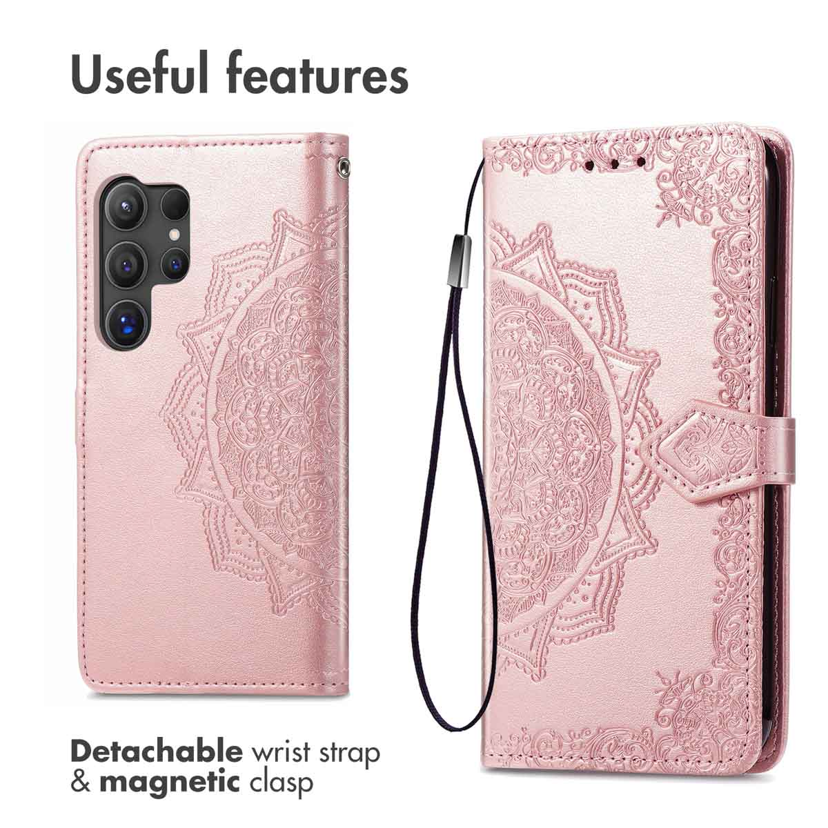 Due custodie per telefono rosa con motivo mandala, una aperta, una chiusa.