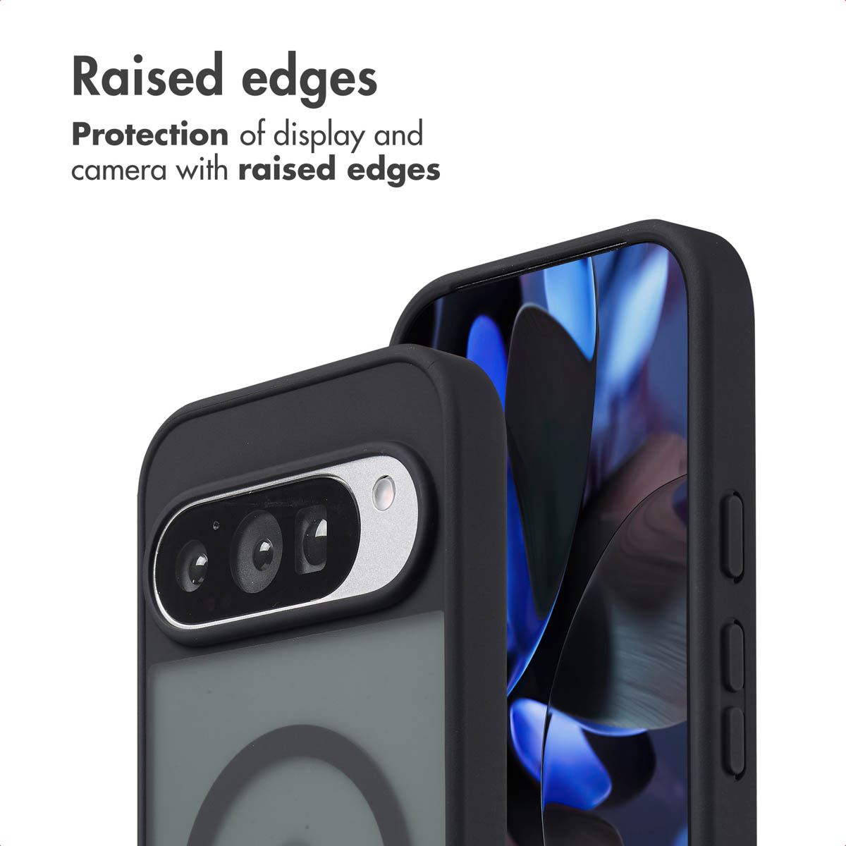 Custodia nera per telefono con bordi rialzati protegge fotocamera e display.