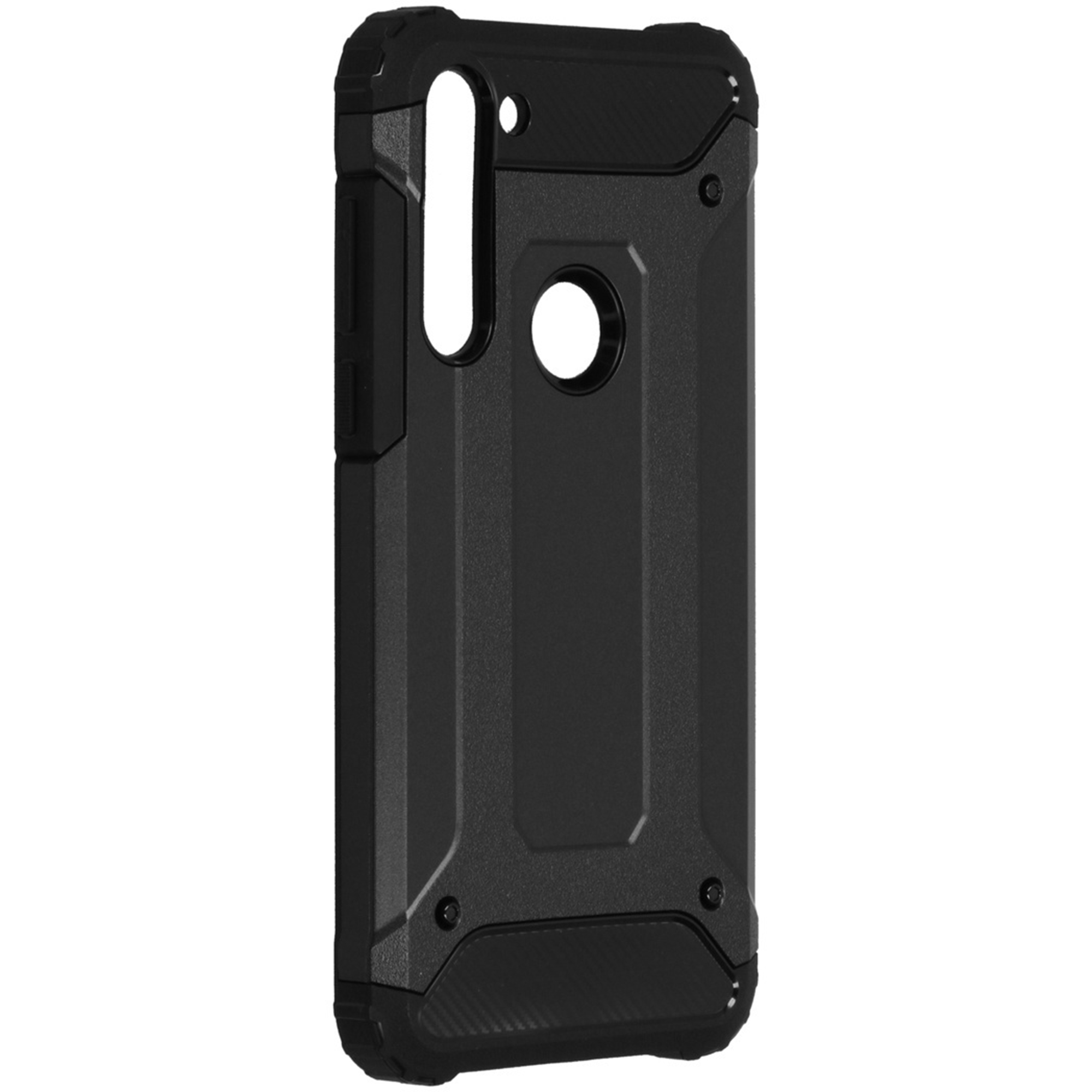 Custodia nera per smartphone con accenti testurizzati e ritagli per fotocamera e altoparlante.
