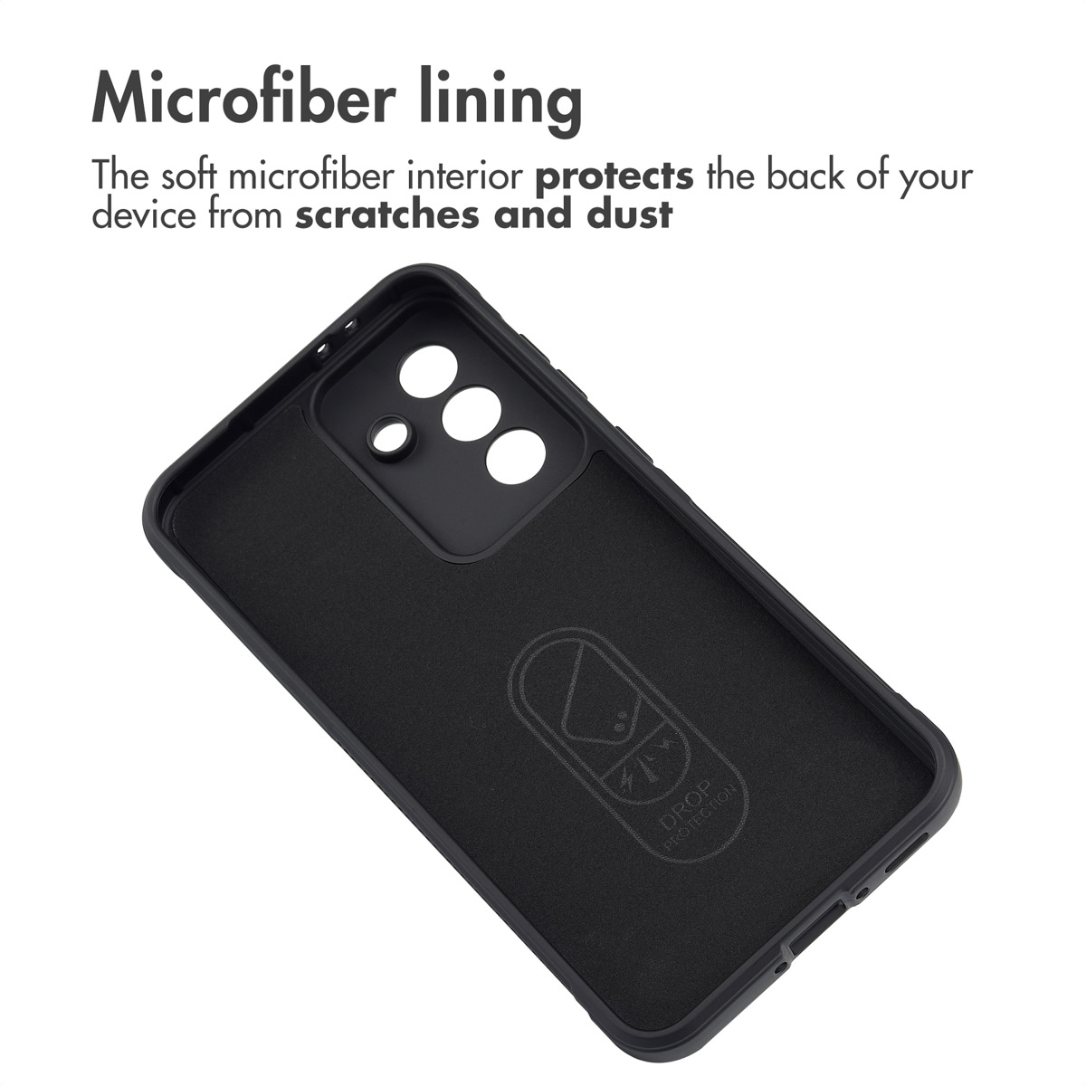 Zwarte telefoonhoes met microvezel voering en camera-uitsparing.
