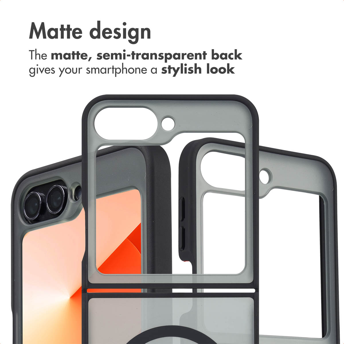Cover per telefono opache mostrate con ritagli e retro semitrasparenti.