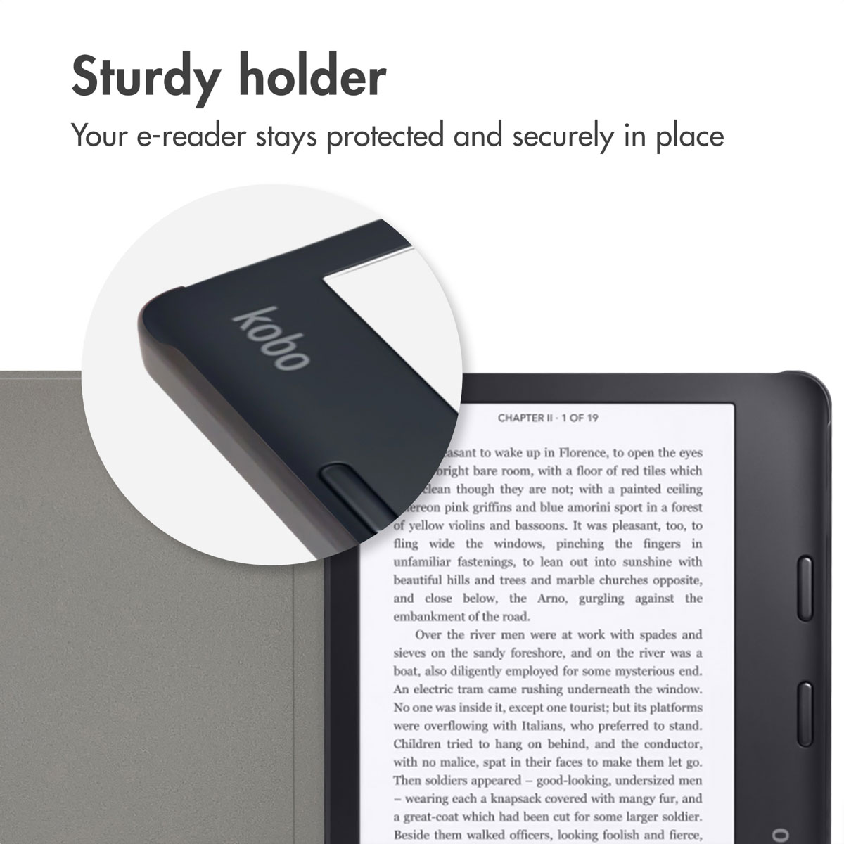 A black Kobo e-reader is held securely in a gray case, showing text on screen.