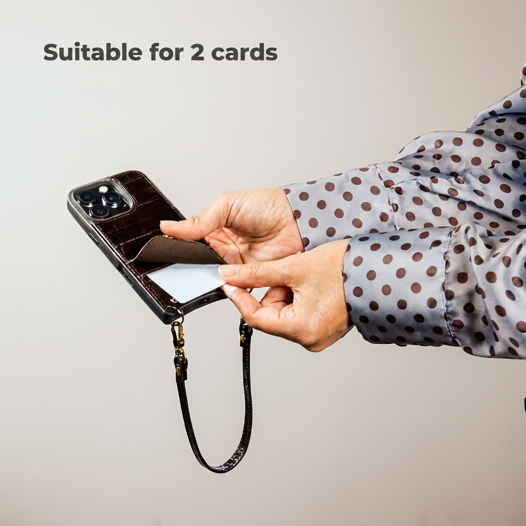 Une personne insère une carte dans un étui de téléphone marron croco. Texte: Convient pour 2 cartes.