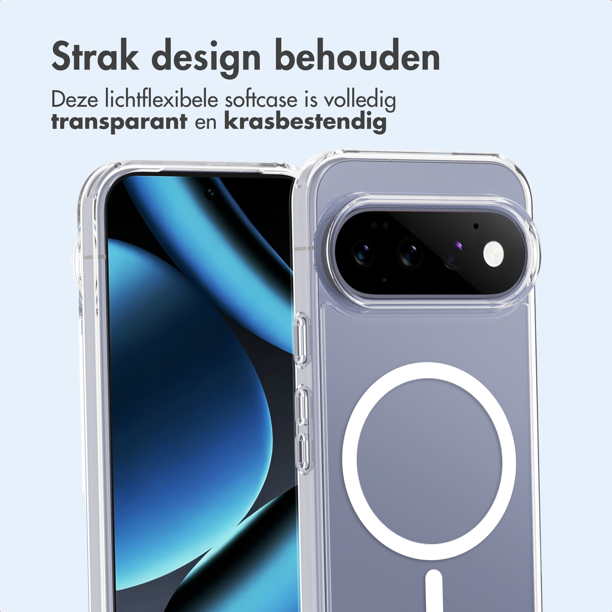 Custodia trasparente per telefono con cerchio MagSafe su telefono con sfondo blu.