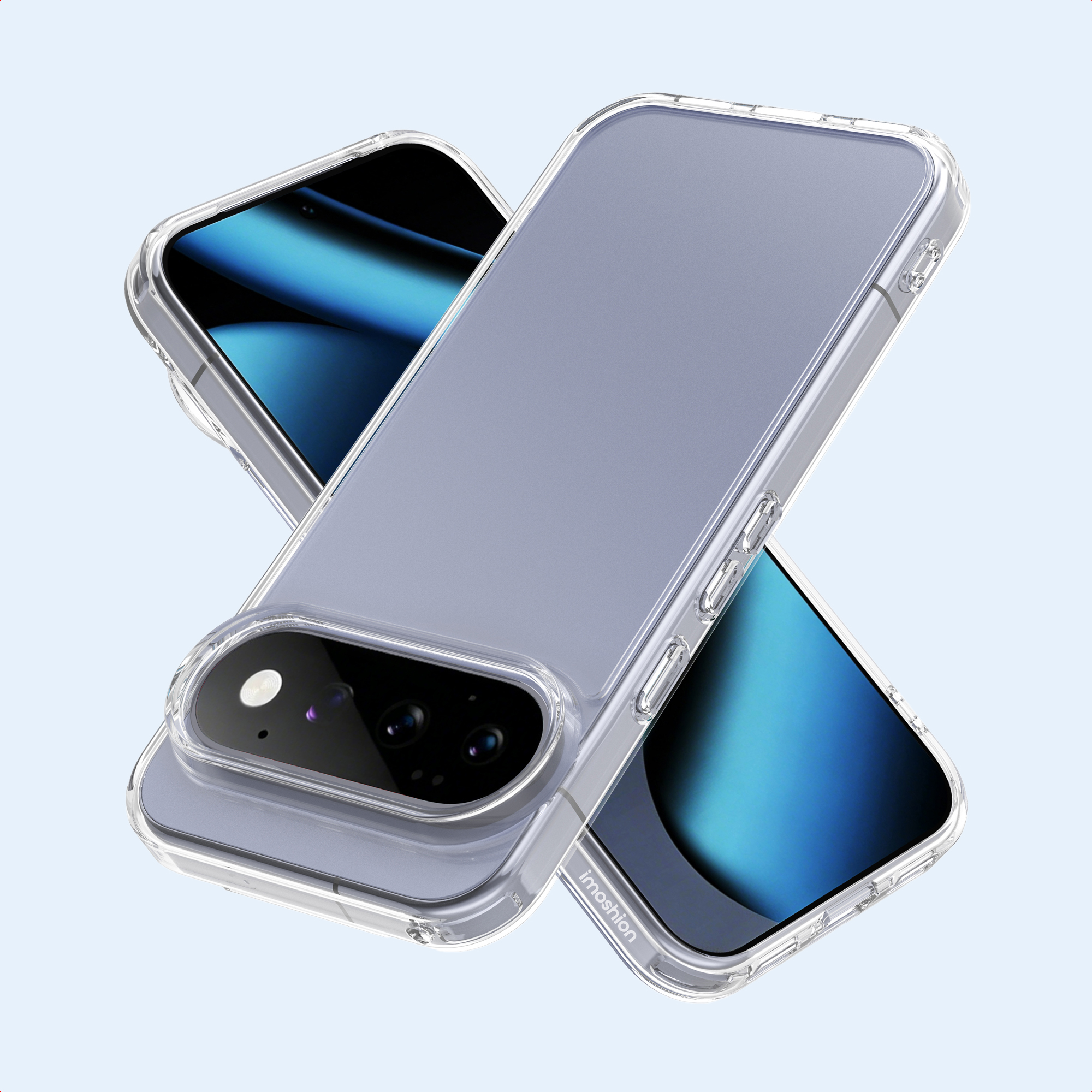 Custodia trasparente per telefono con smartphone schermo blu.