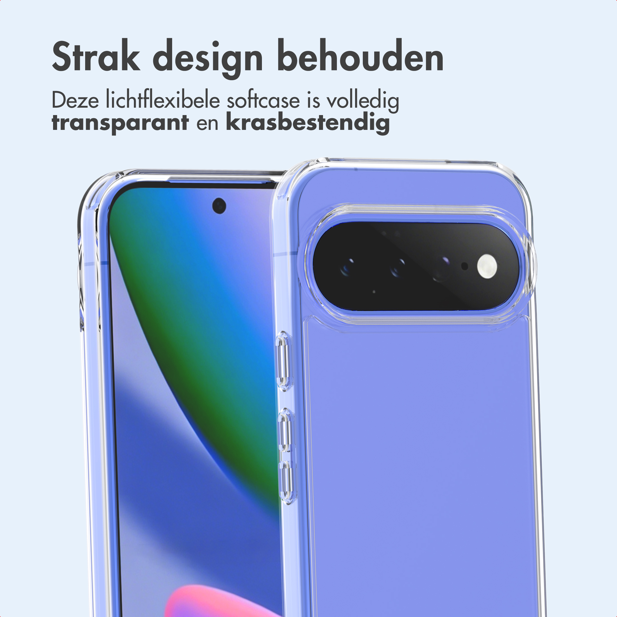 Una custodia per telefono blu trasparente con protezione fotocamera e pulsanti.