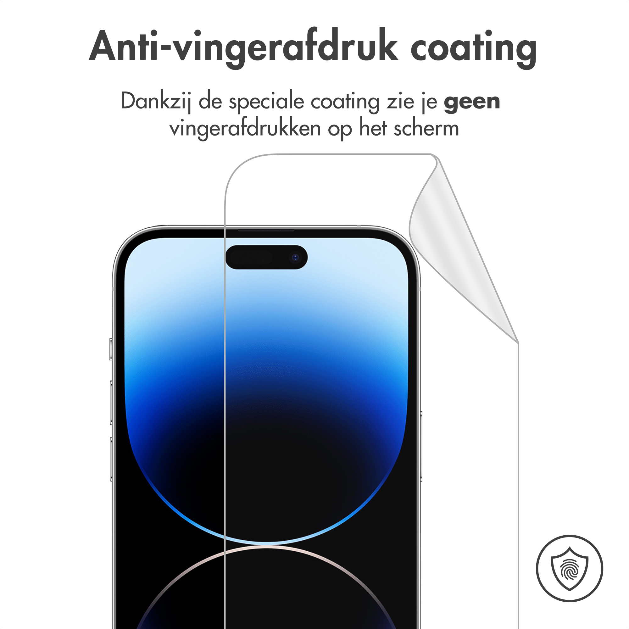 A smartphone screen with a protective film being peeled off.