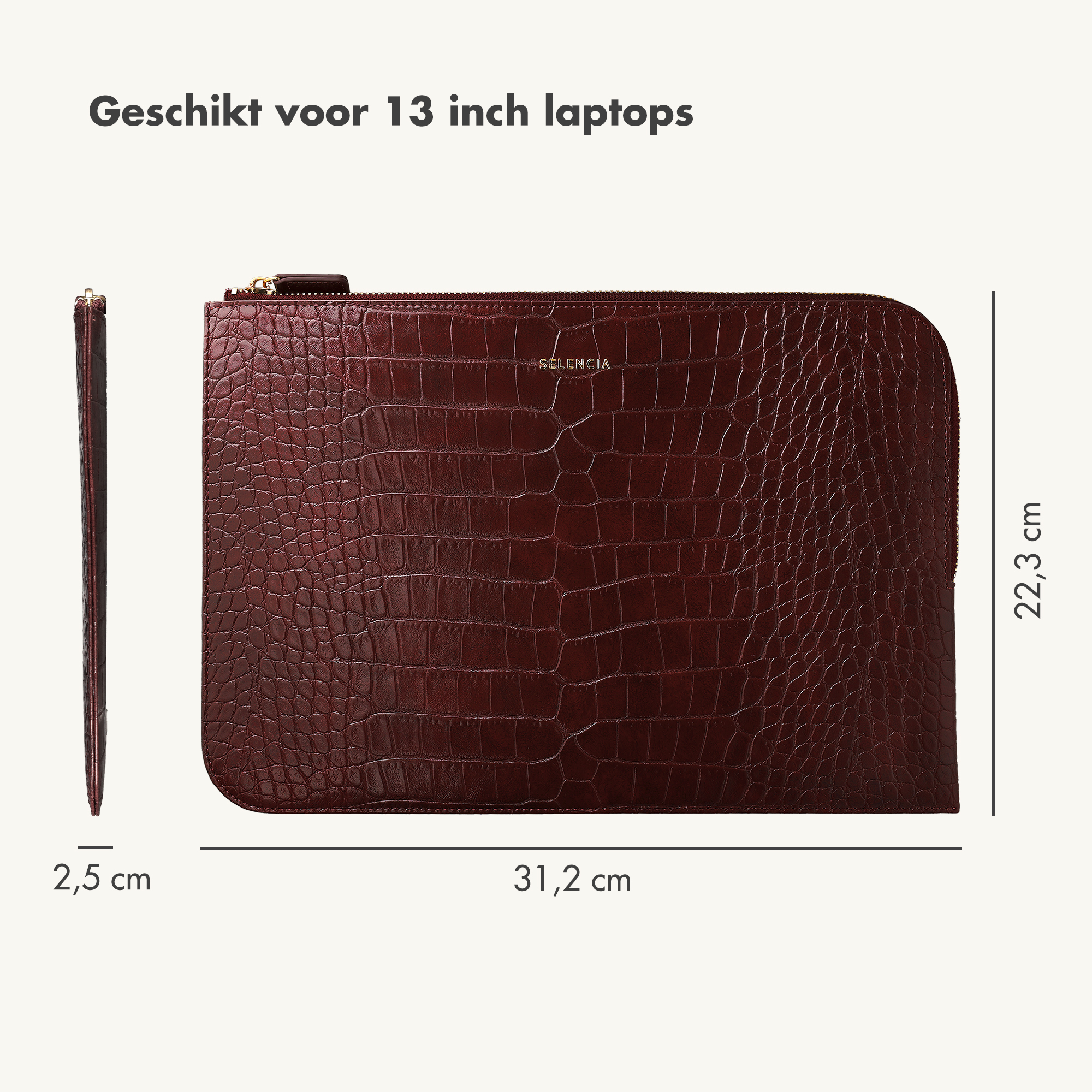 Braune Kroko-Leder-Tasche: 31,2 cm lang, 22,3 cm hoch, 2,5 cm tief.