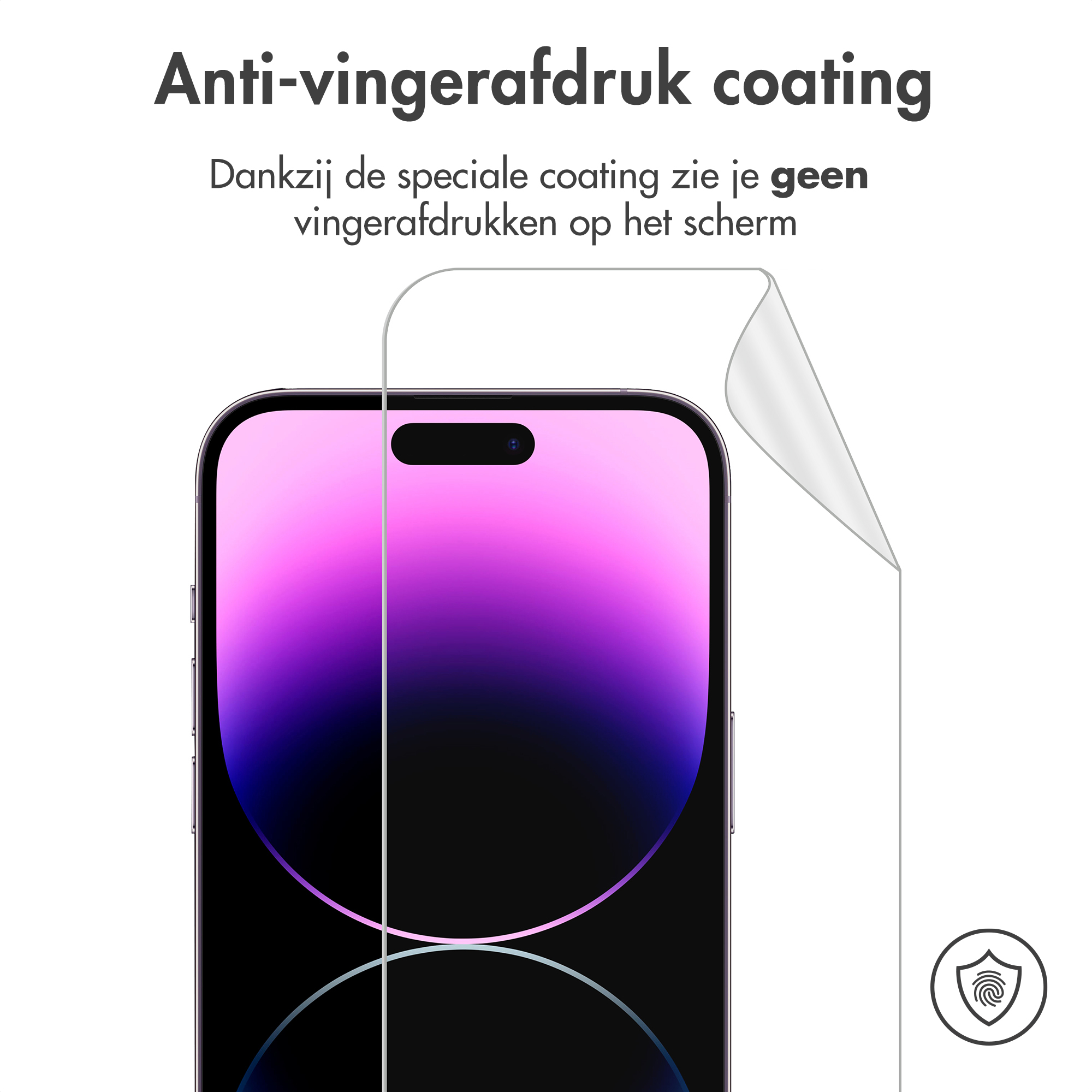 A screen protector is applied to a smartphone. It has an anti-fingerprint coating.
