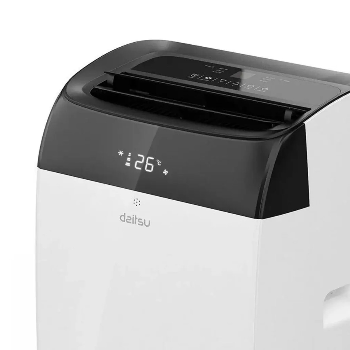 Een witte luchtontvochtiger met een digitaal display dat 26 graden Celsius aangeeft.