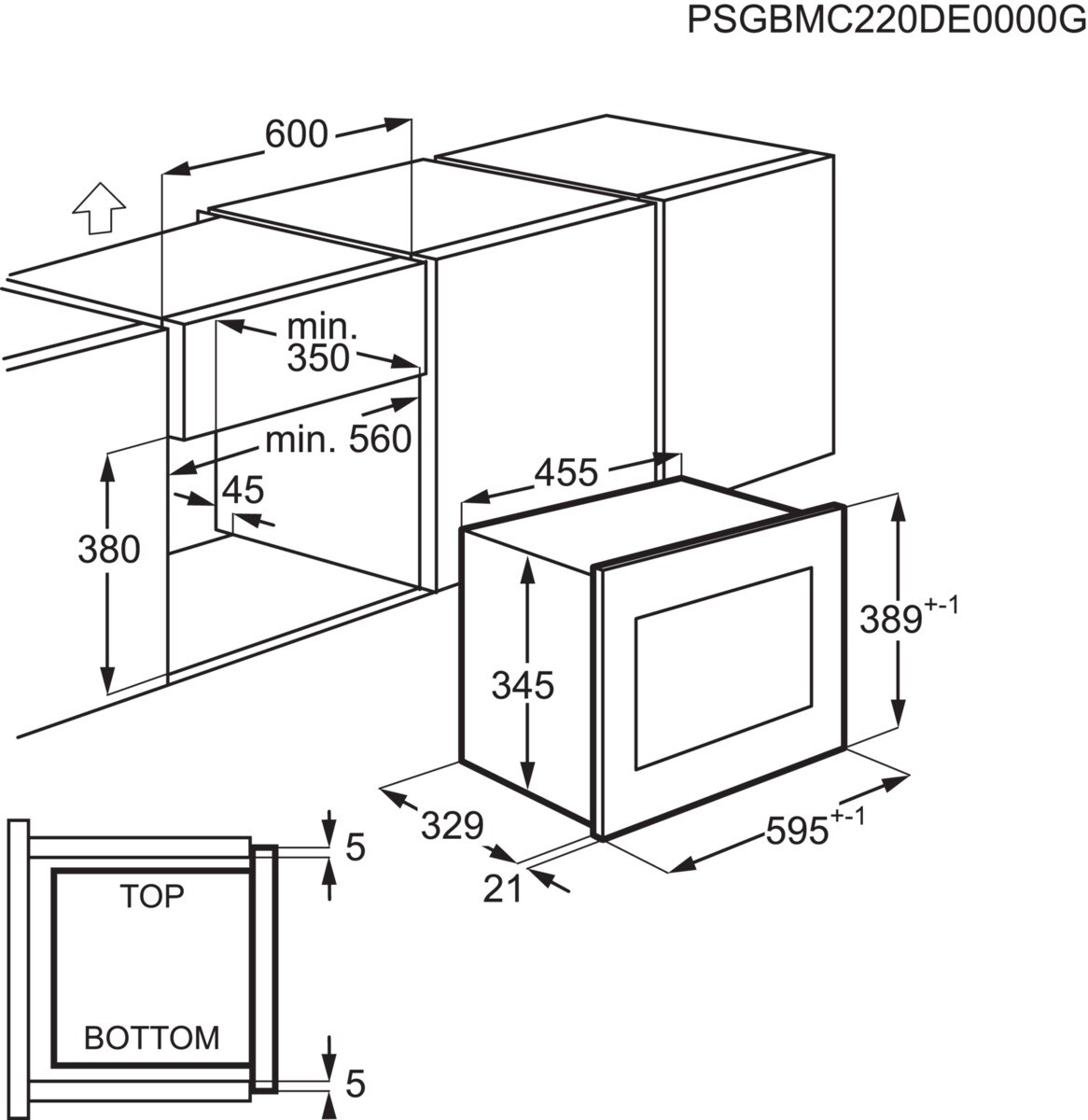 Dibujo técnico de un horno empotrado con dimensiones. Izquierda: dimensiones de instalación, derecha: dimensiones del horno.
